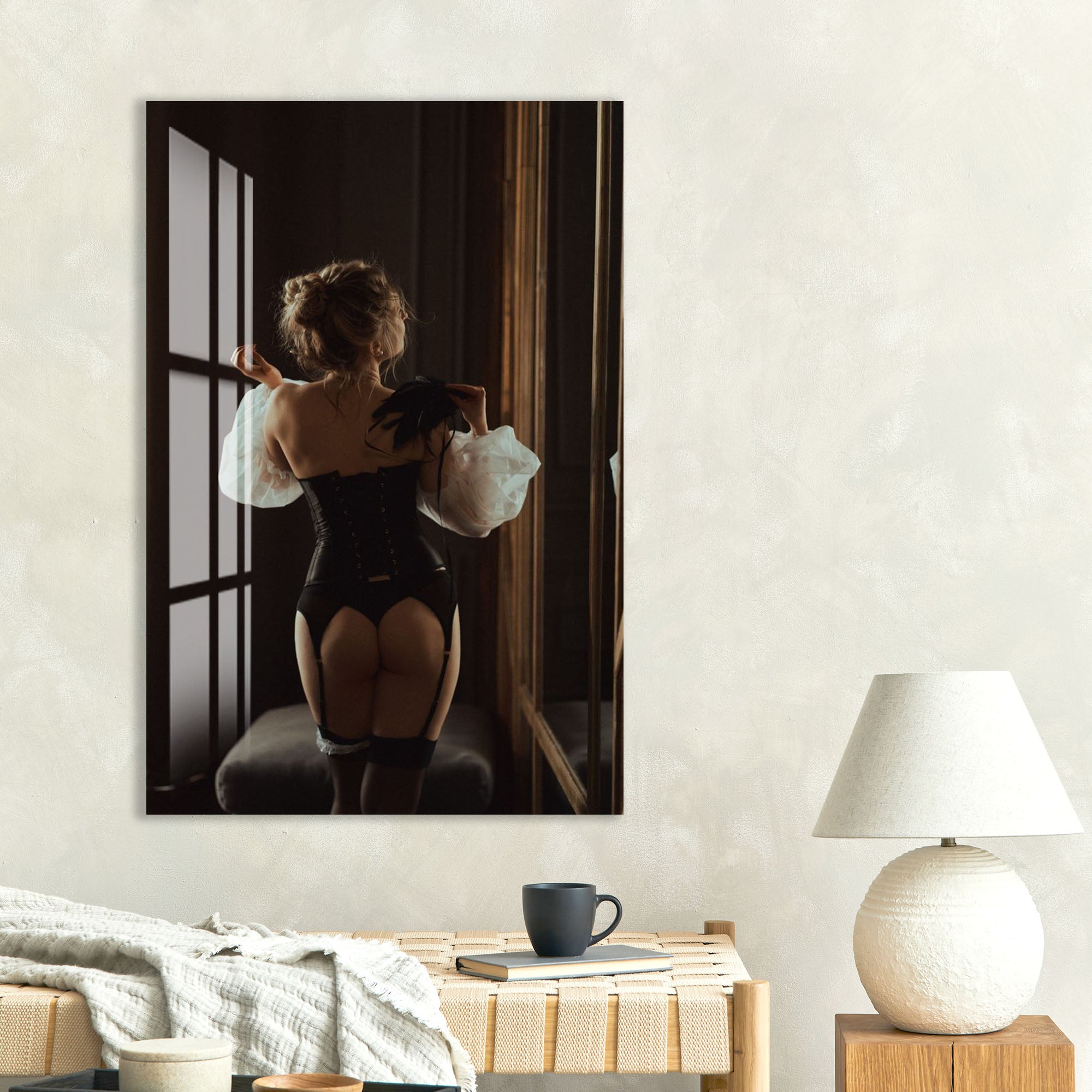 Erotic Lingerie Woman Glass Wall Art – Sensual Boudoir Style for Bedroom & Modern Home Decor
