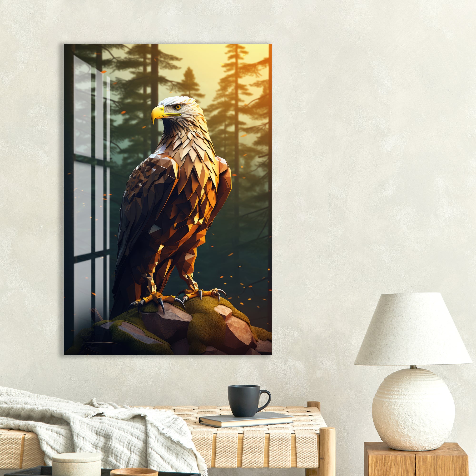 Geometric Eagle Glass Wall Art – Modern Wildlife Polygon Style Poster for Interiors