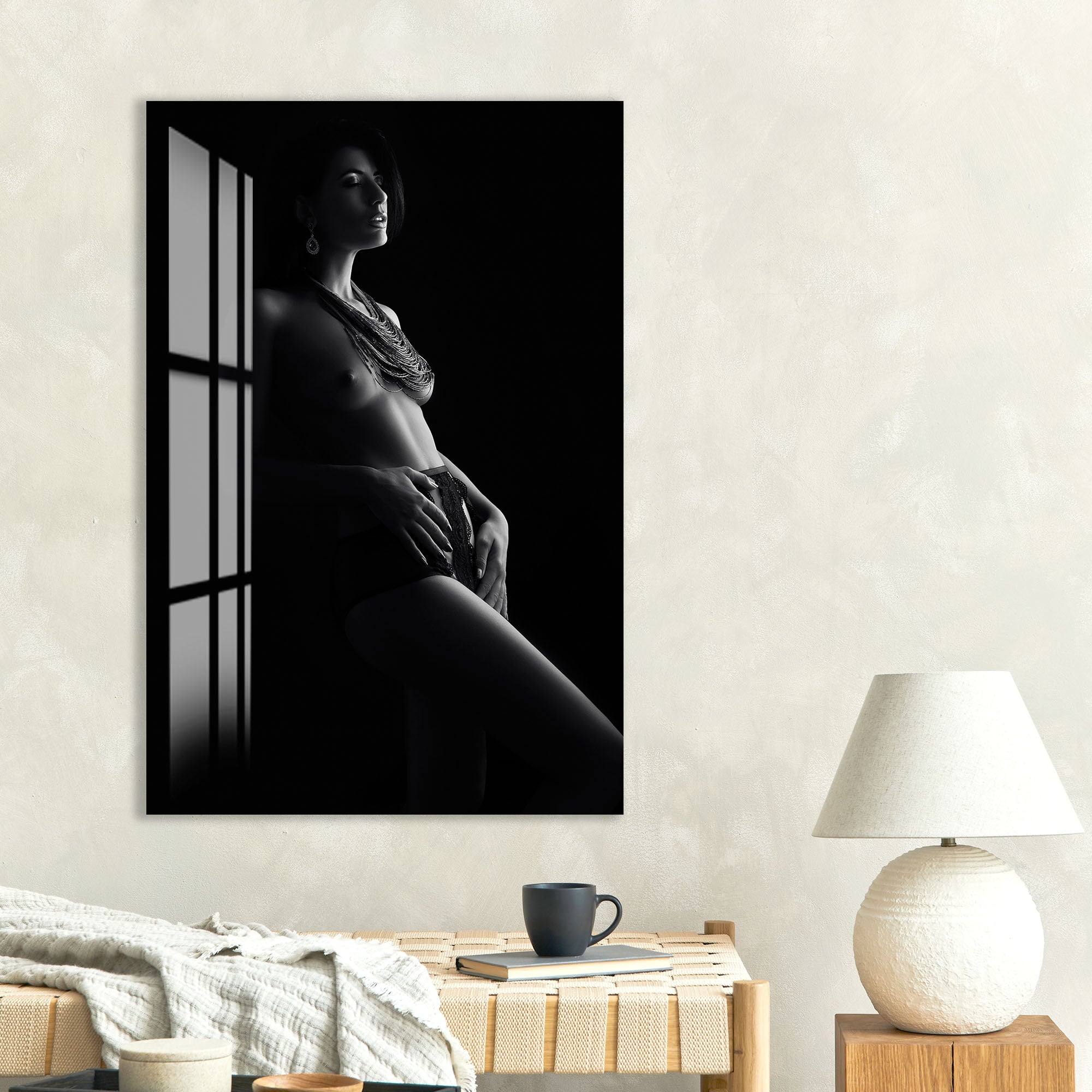 Erotic Female Nude Glass Wall Art – Sensual Black and White Elegance