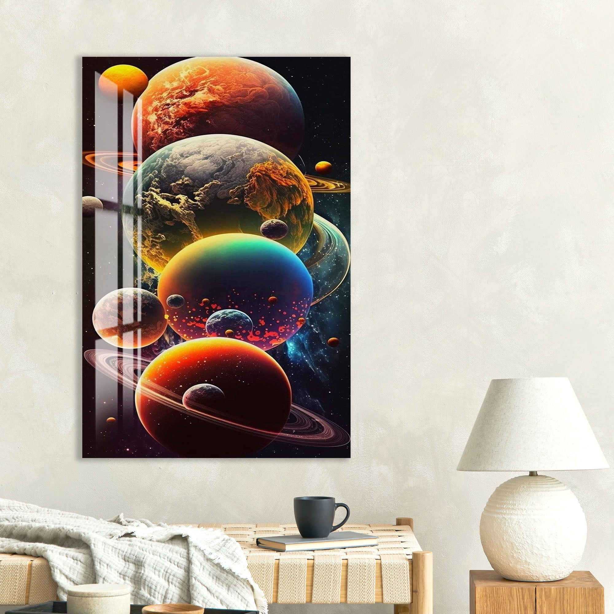 Colorful Planets Glass Wall Art – Epic Space Universe Poster for Modern Interiors