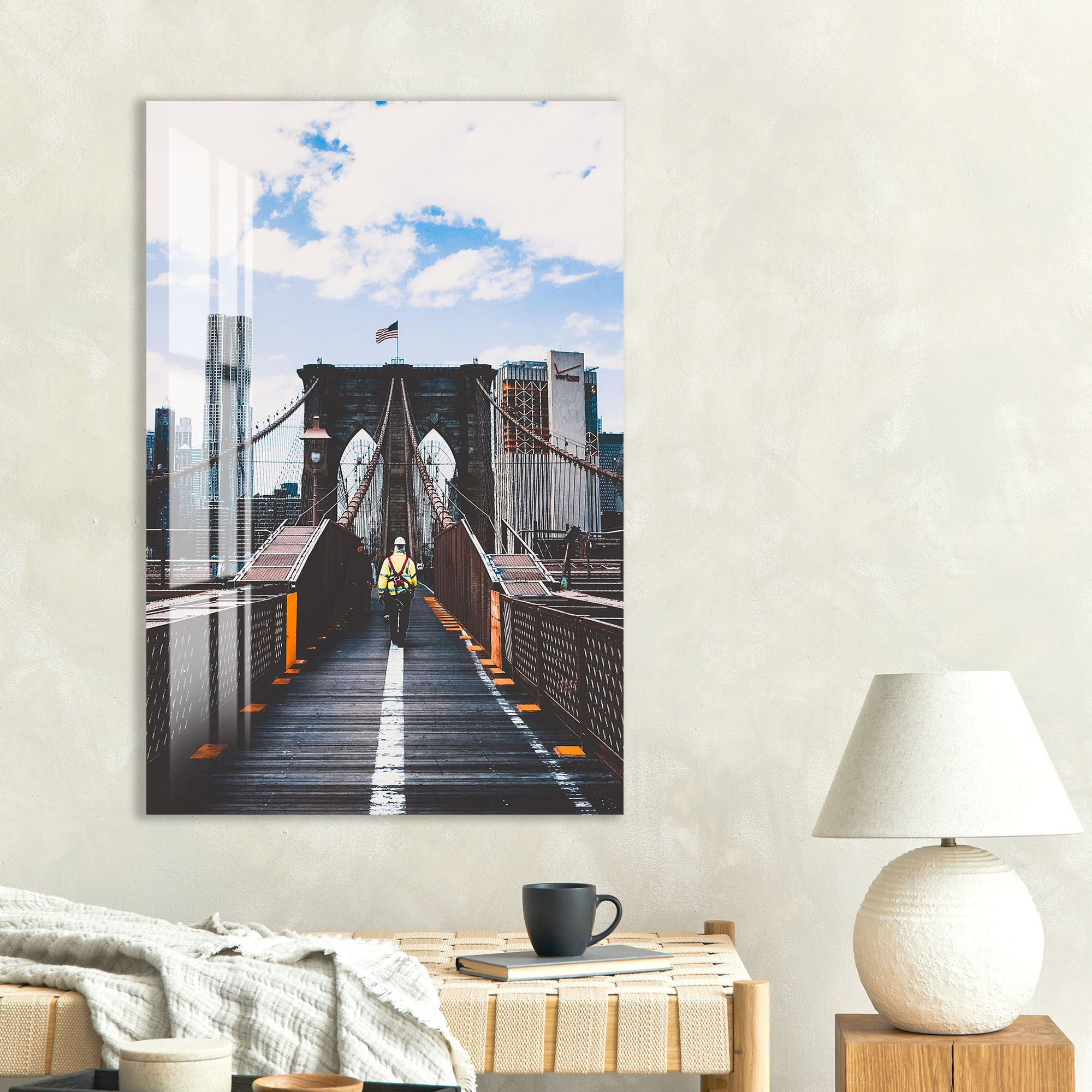 Brooklyn Bridge Glass Wall Art – Iconic New York Cityscape Poster for Modern Interiors