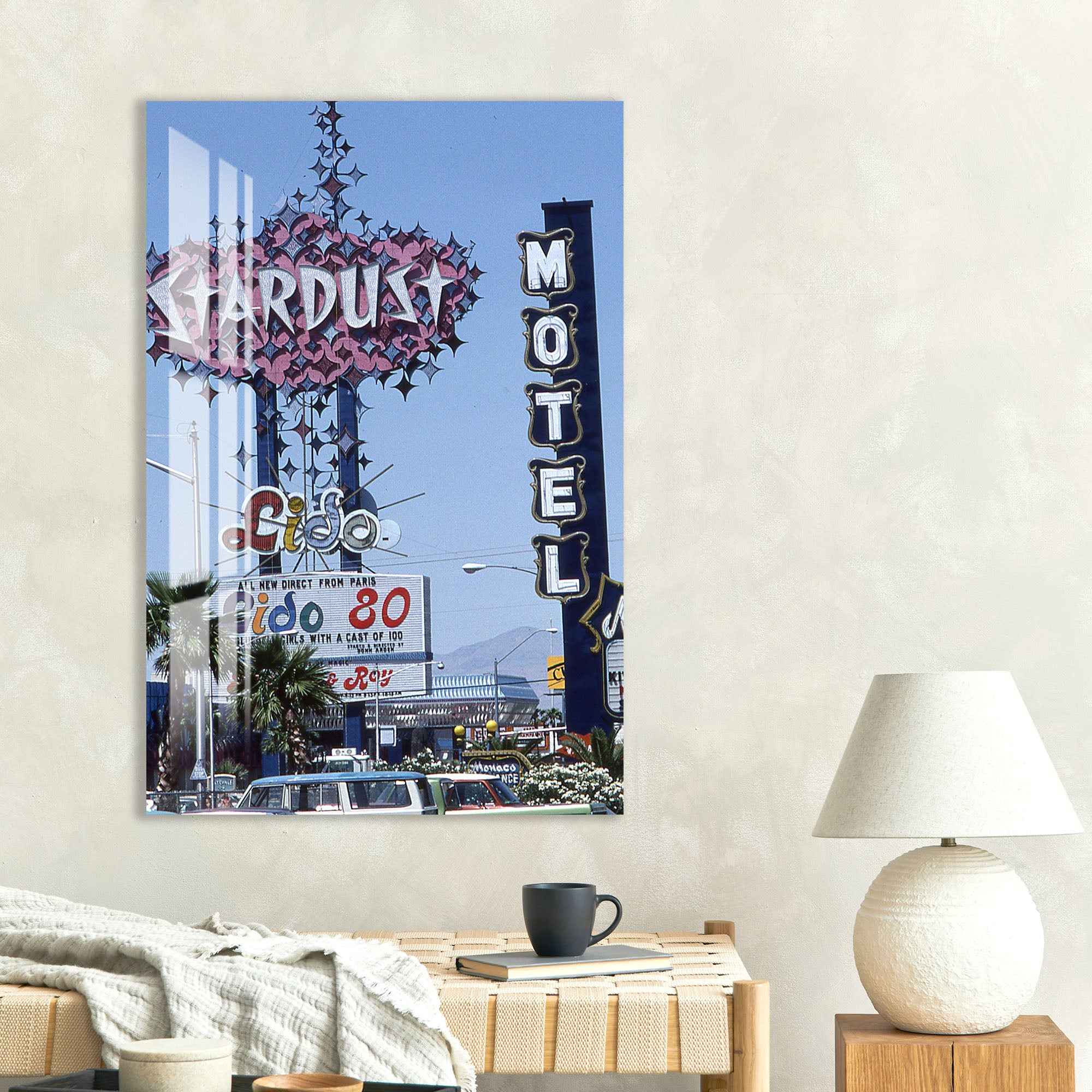 Las Vegas Vintage Signs Glass Wall Art – Retro Cityscape Poster for Modern Interiors