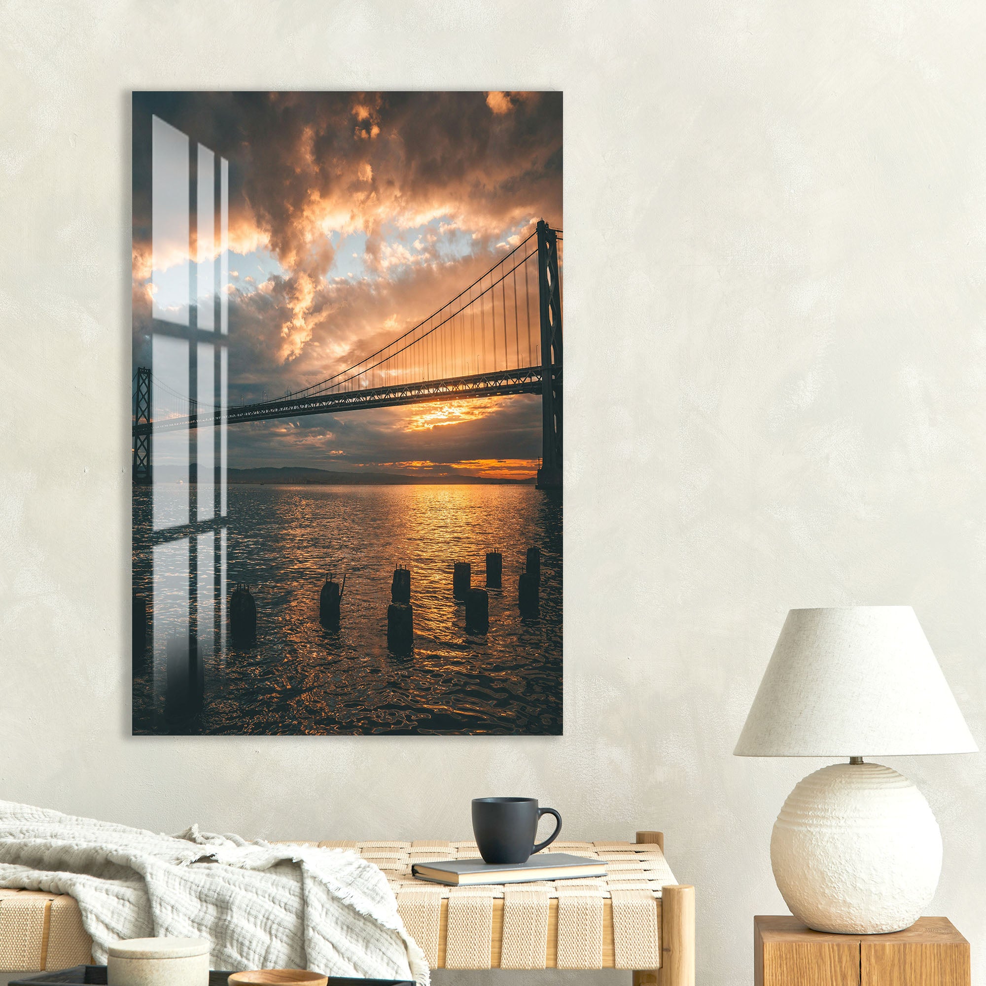 Golden Gate Bridge Sunset Glass Wall Art – Stunning San Francisco Cityscape Poster