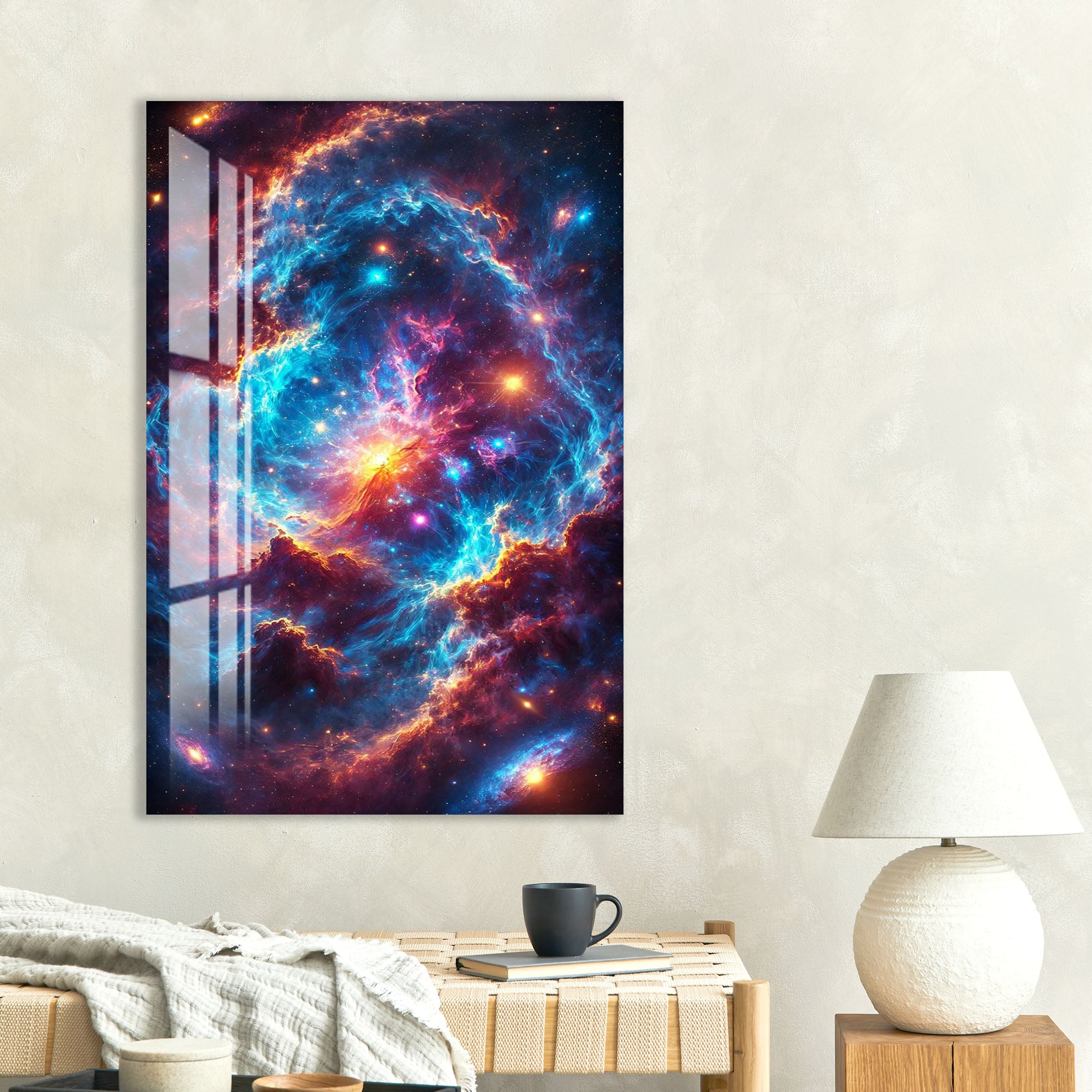 Colorful Cosmic Nebula Glass Wall Art – Vibrant Space Decor for Modern Interiors