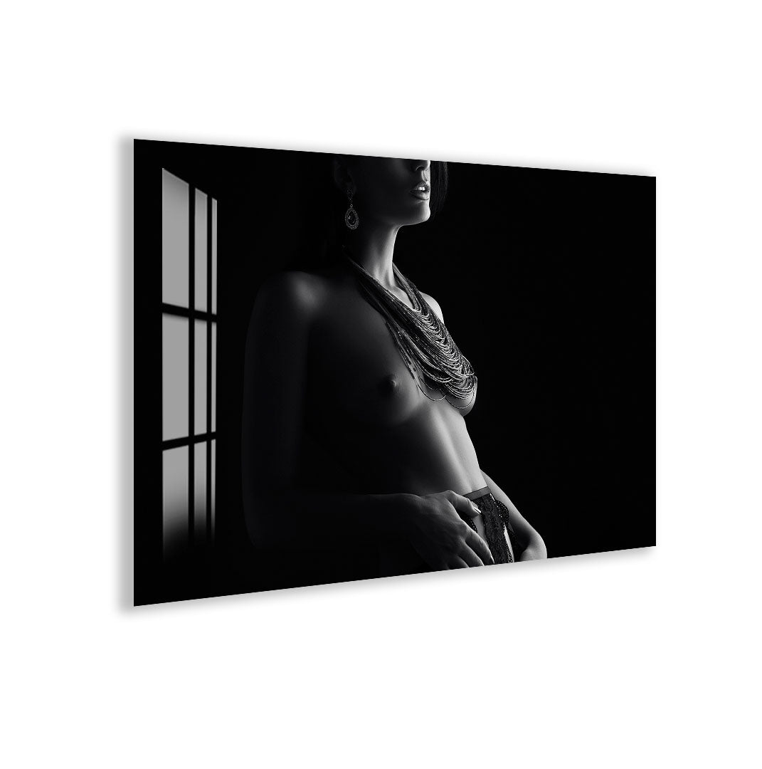 Erotic Female Nude Glass Wall Art – Sensual Black and White Elegance