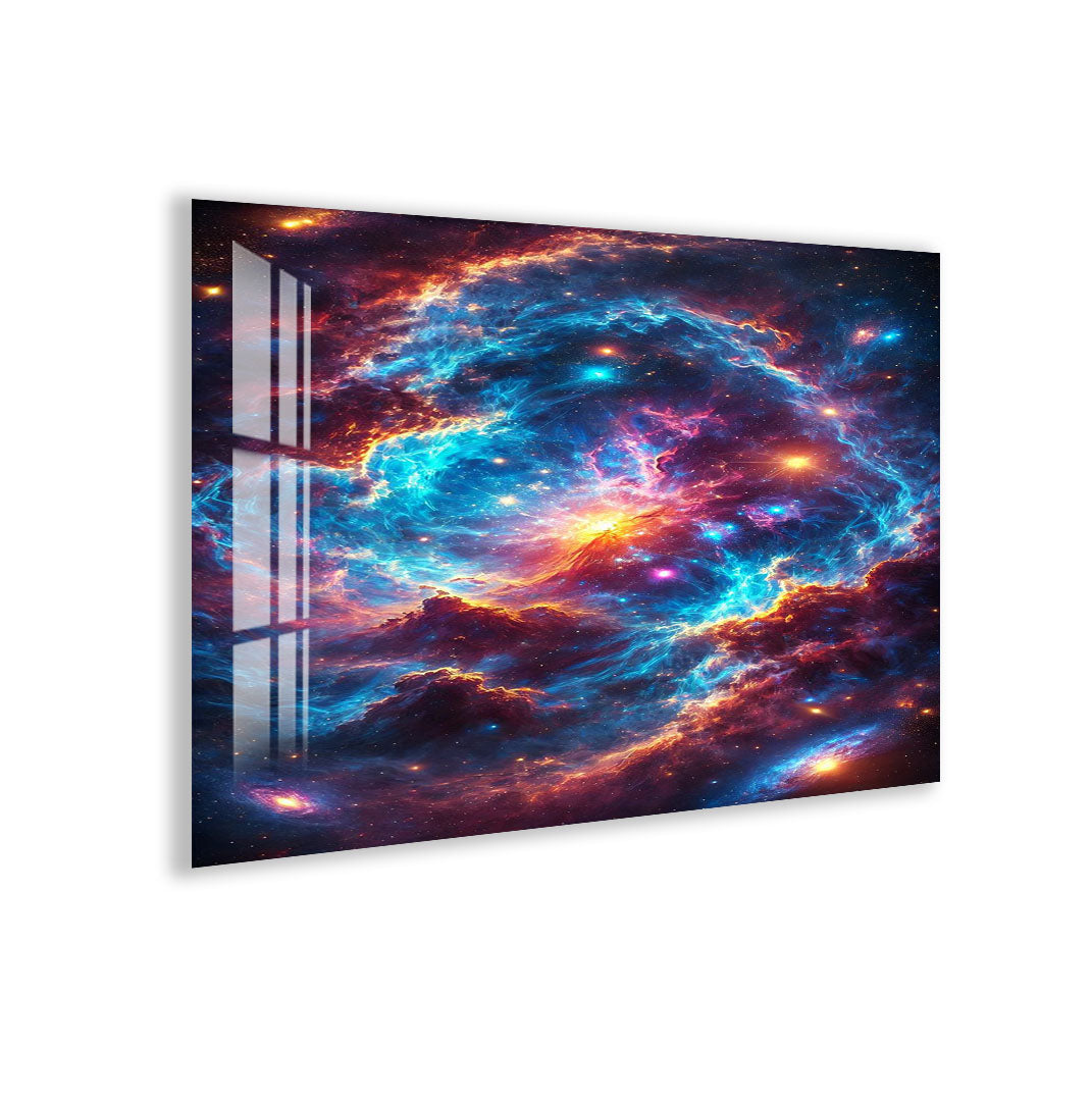 Colorful Cosmic Nebula Glass Wall Art – Vibrant Space Decor for Modern Interiors