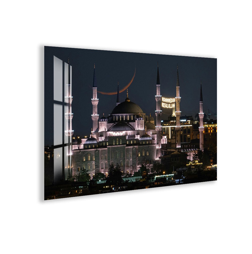 Istanbul Mosque Night View Glass Wall Art – Elegant Cityscape Poster for Modern Interiors