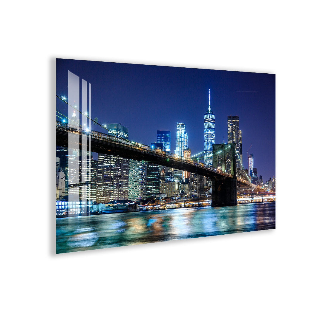 Brooklyn Bridge Night Glass Wall Art – Illuminated New York City Skyline Poster