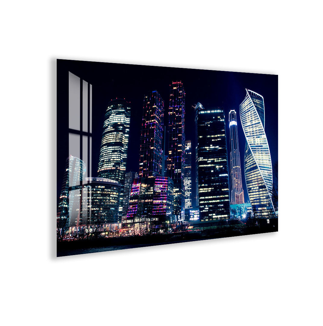 Moscow City Skyline Glass Wall Art – Futuristic Night Skyscraper Poster