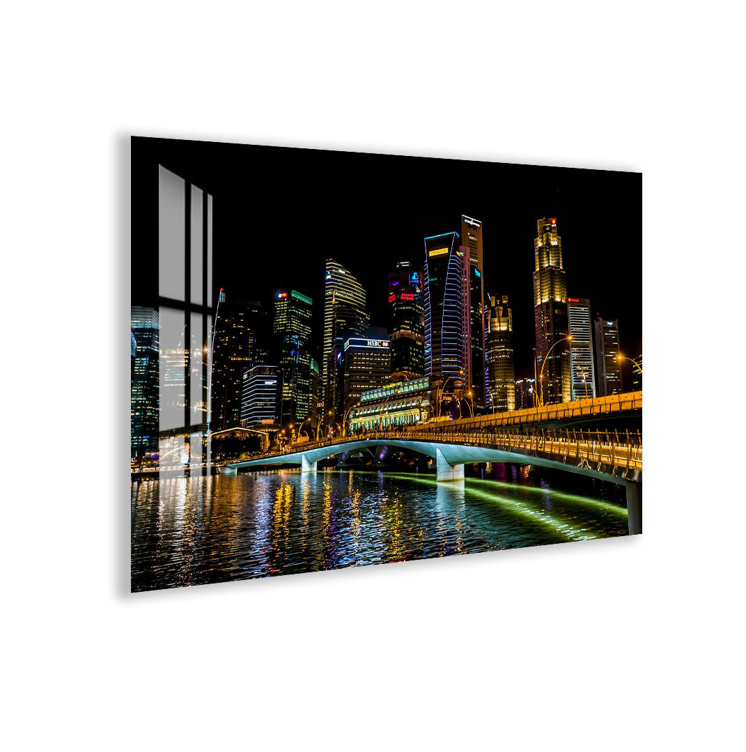 Singapore Skyline Glass Wall Art – Modern Cityscape Poster with Night Lights