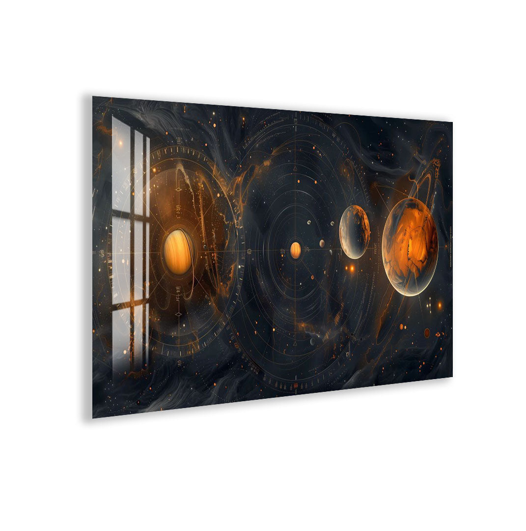 Solar System Glass Wall Art – Cosmic Planetary Orbit Design for Modern Interiors