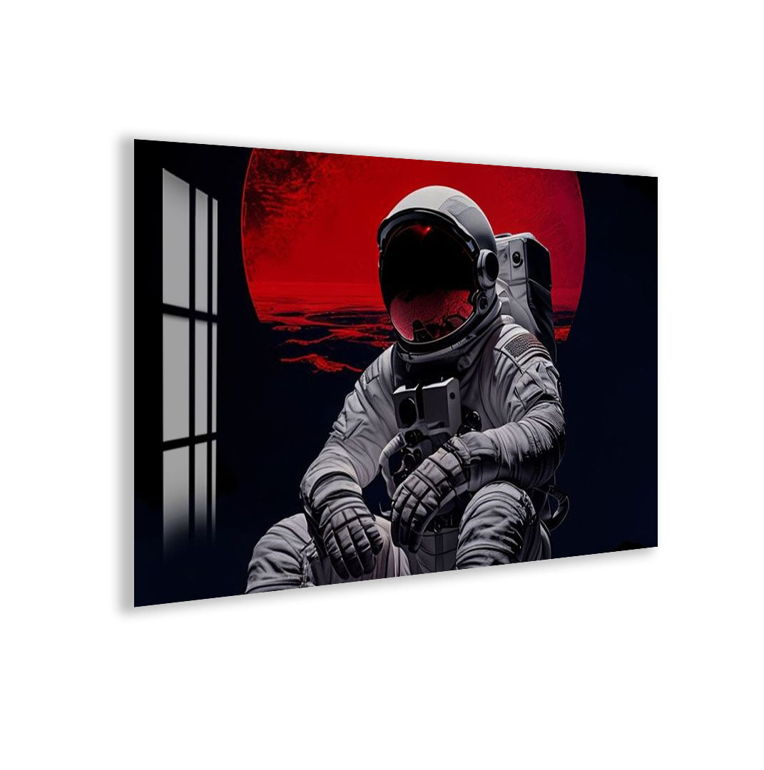 Red Moon Astronaut Glass Wall Art – Futuristic Space Decor for Modern Interiors