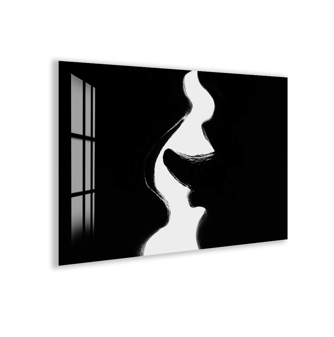 Erotic Abstract Glass Wall Art – Sensual Black and White Silhouette for Modern Interiors