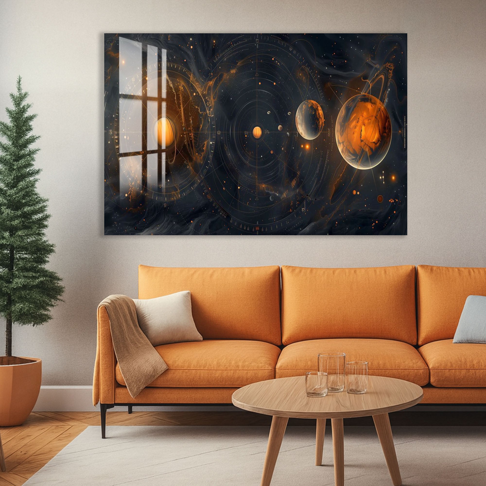 Solar System Glass Wall Art – Cosmic Planetary Orbit Design for Modern Interiors