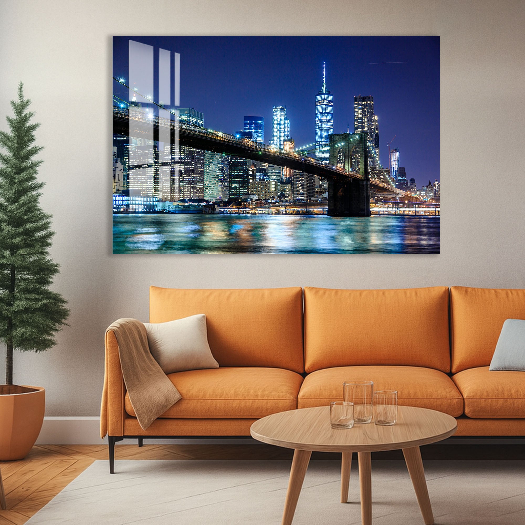 Brooklyn Bridge Night Glass Wall Art – Illuminated New York City Skyline Poster