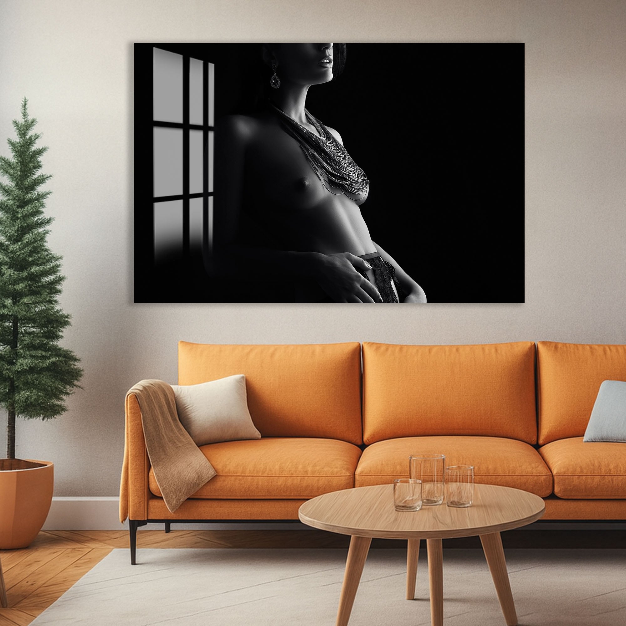 Erotic Female Nude Glass Wall Art – Sensual Black and White Elegance