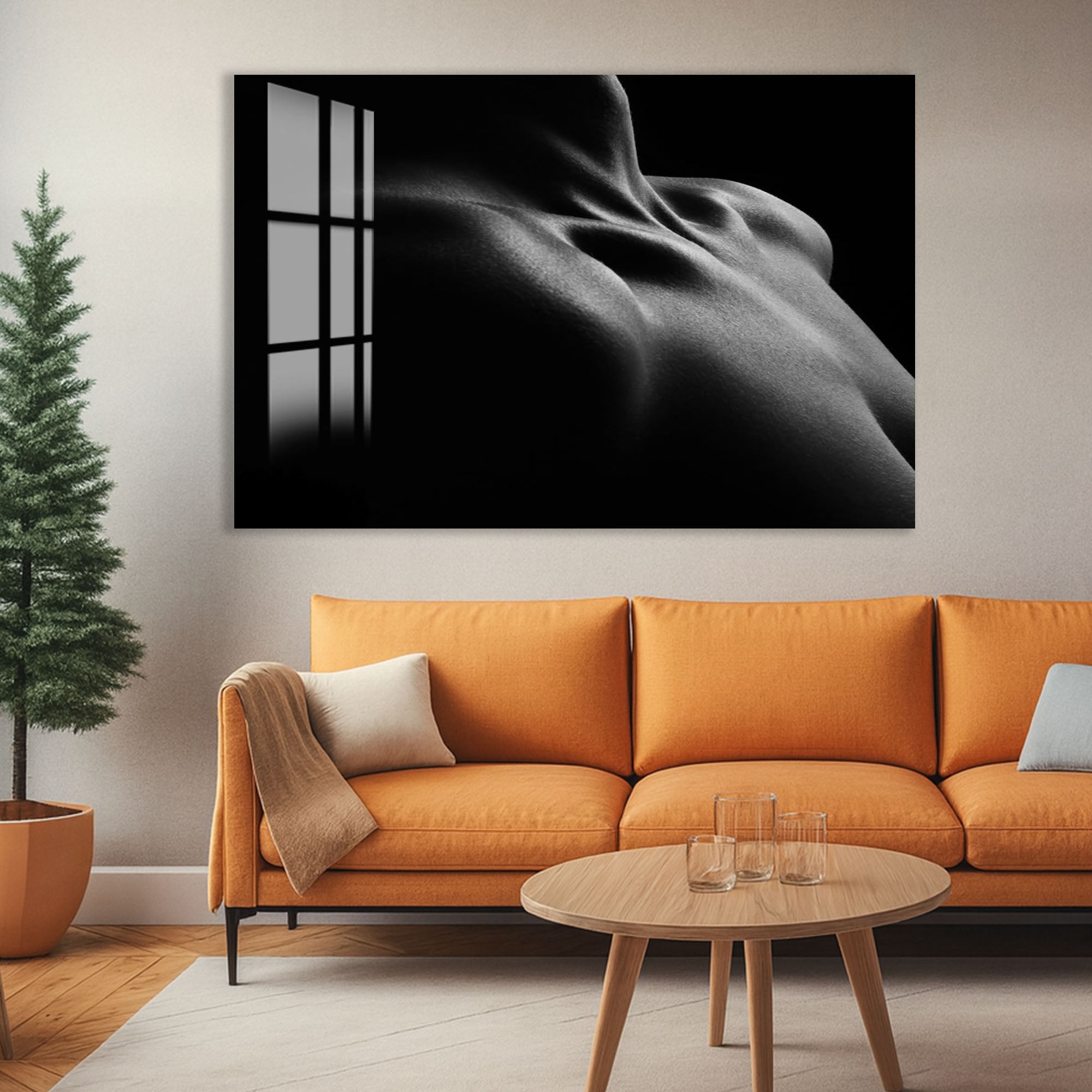 Erotic Male Nude Glass Wall Art – Sensual Black and White Body Decor