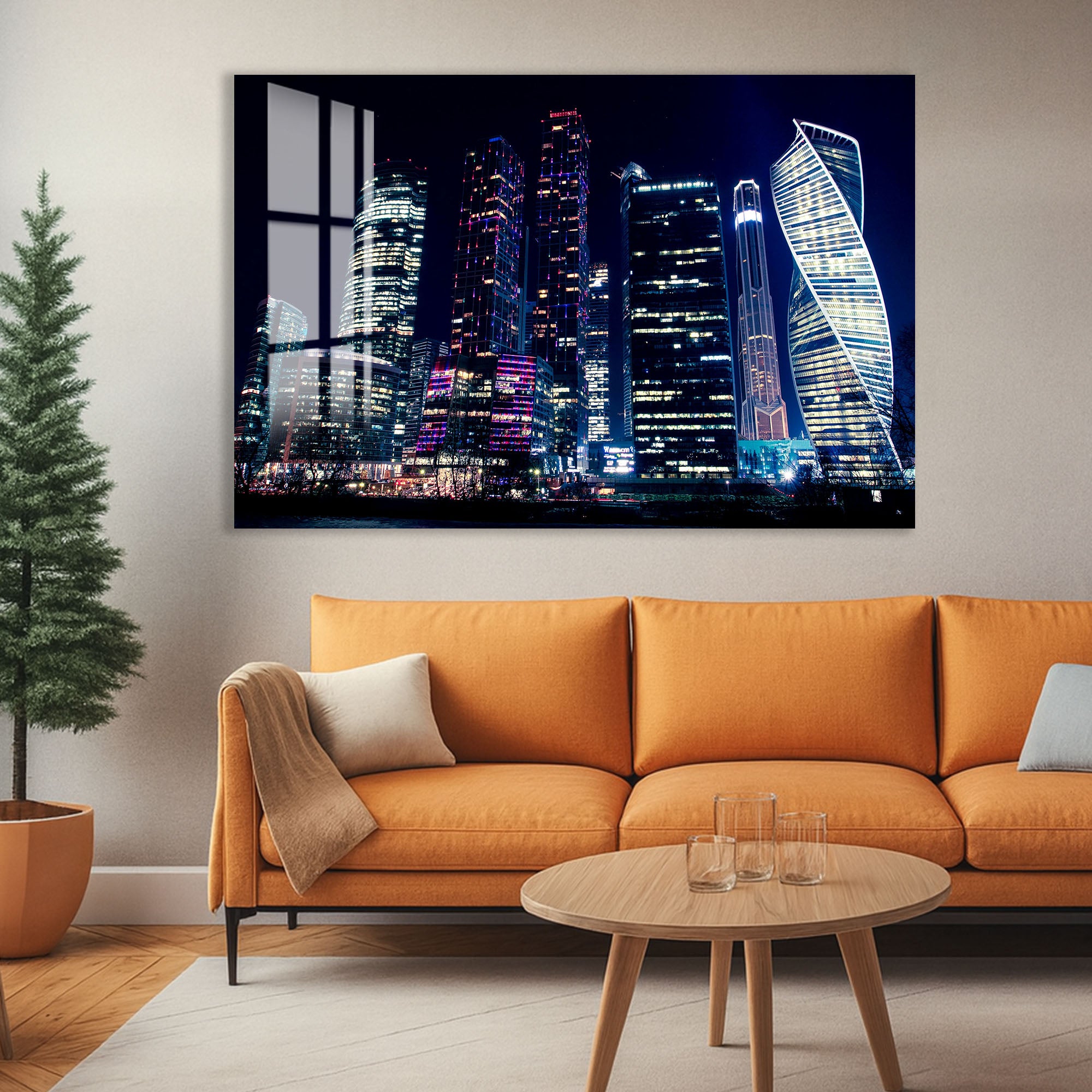 Moscow City Skyline Glass Wall Art – Futuristic Night Skyscraper Poster