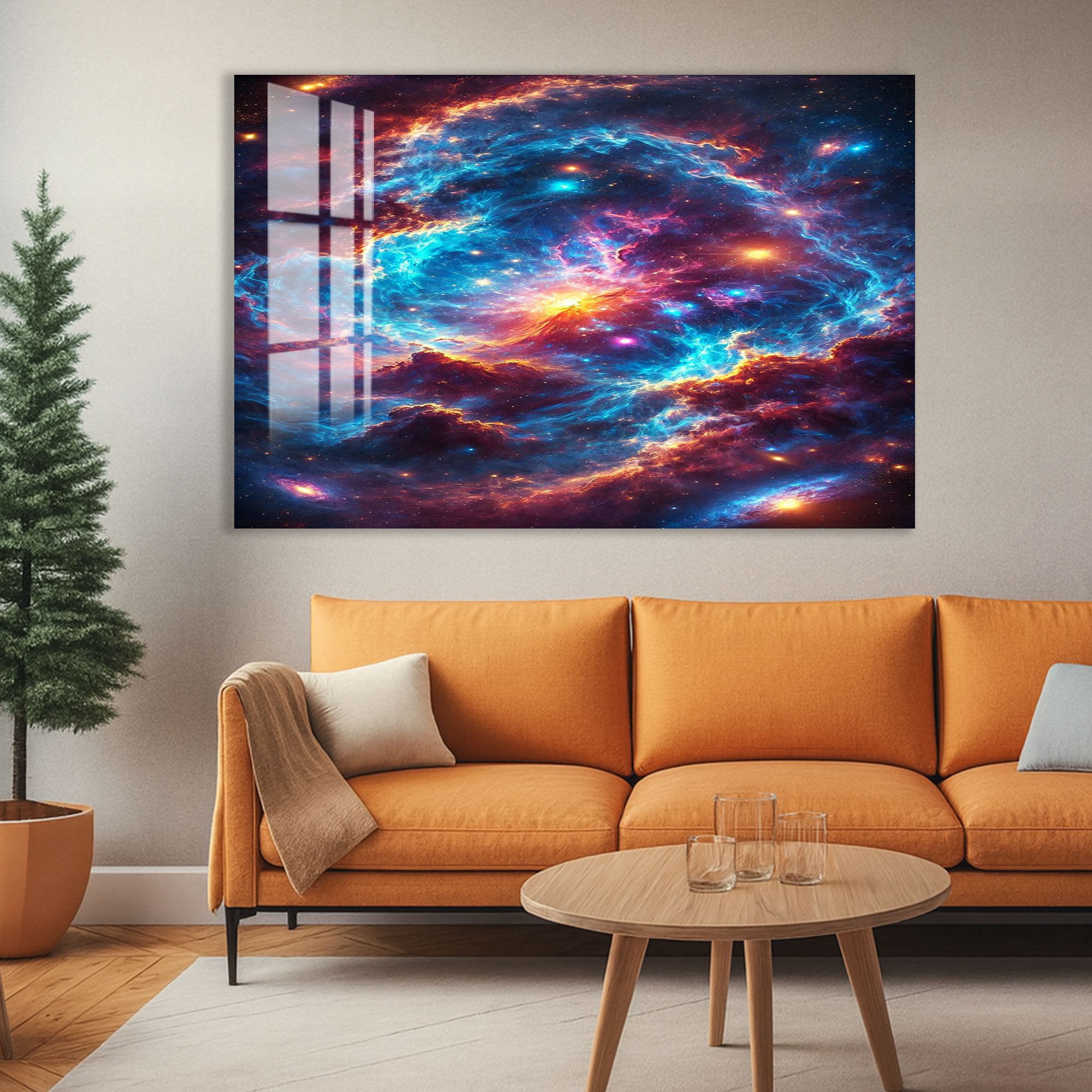 Colorful Cosmic Nebula Glass Wall Art – Vibrant Space Decor for Modern Interiors