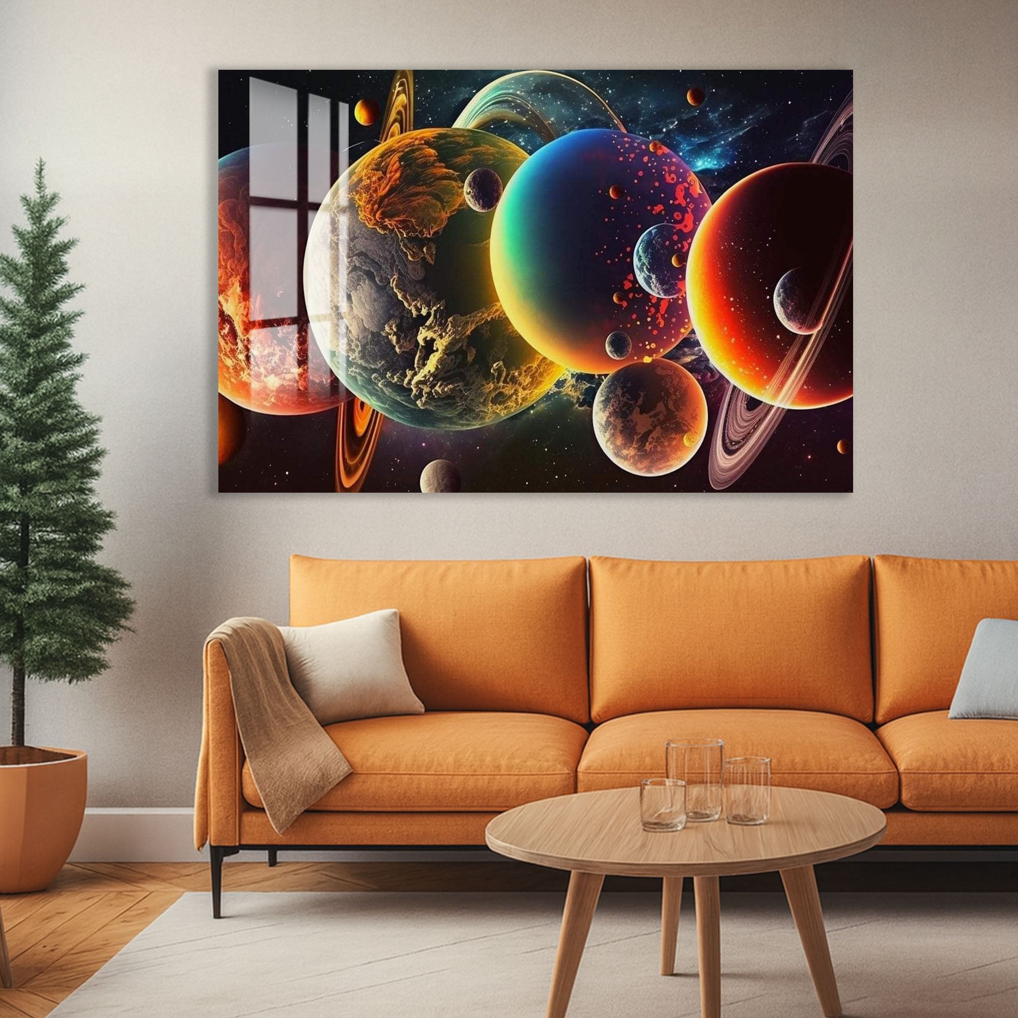 Colorful Planets Glass Wall Art – Epic Space Universe Poster for Modern Interiors