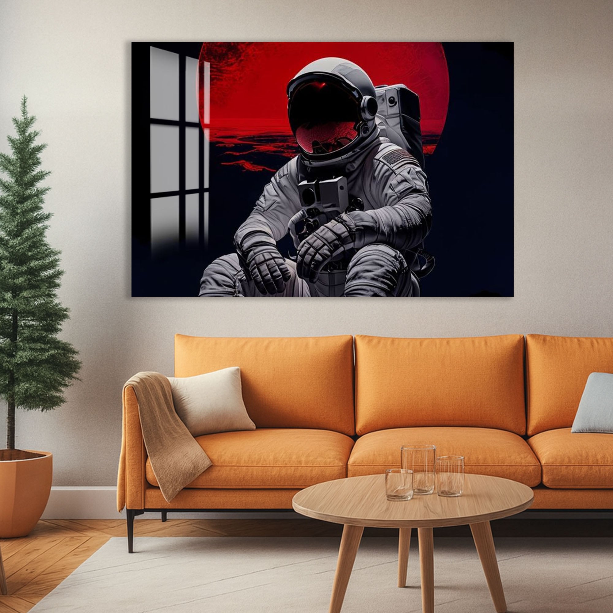 Red Moon Astronaut Glass Wall Art – Futuristic Space Decor for Modern Interiors