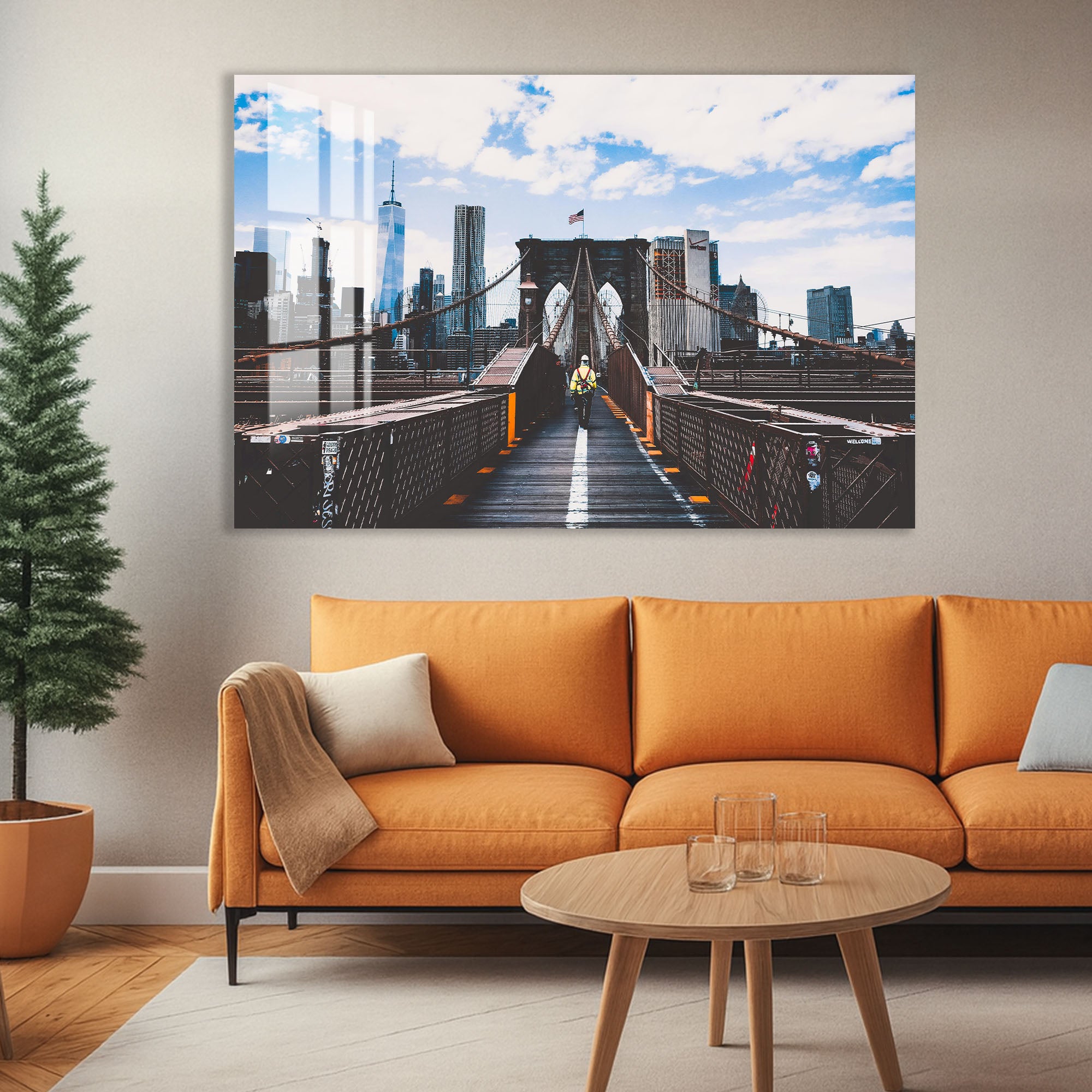 Brooklyn Bridge Glass Wall Art – Iconic New York Cityscape Poster for Modern Interiors