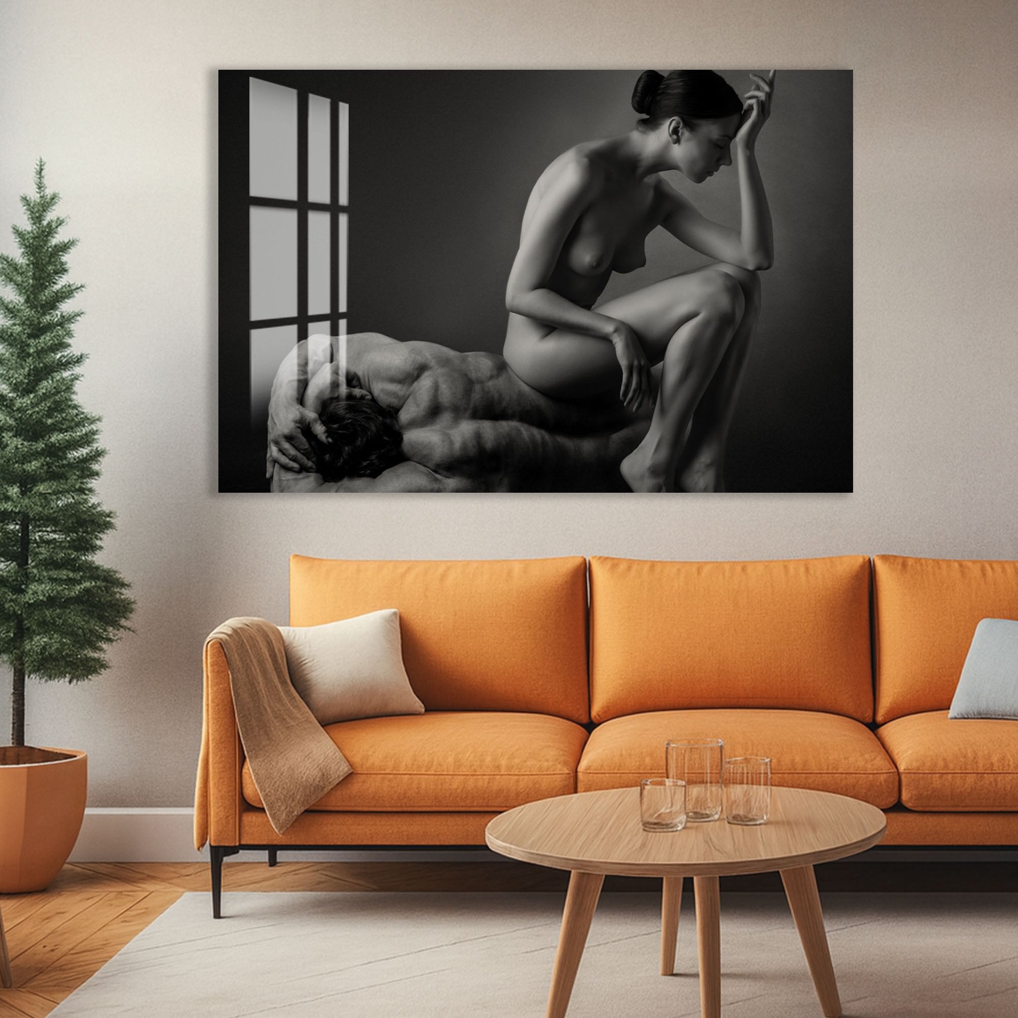 Erotic Couple Glass Wall Art – Sensual Black and White Nude Decor for Modern Interiors