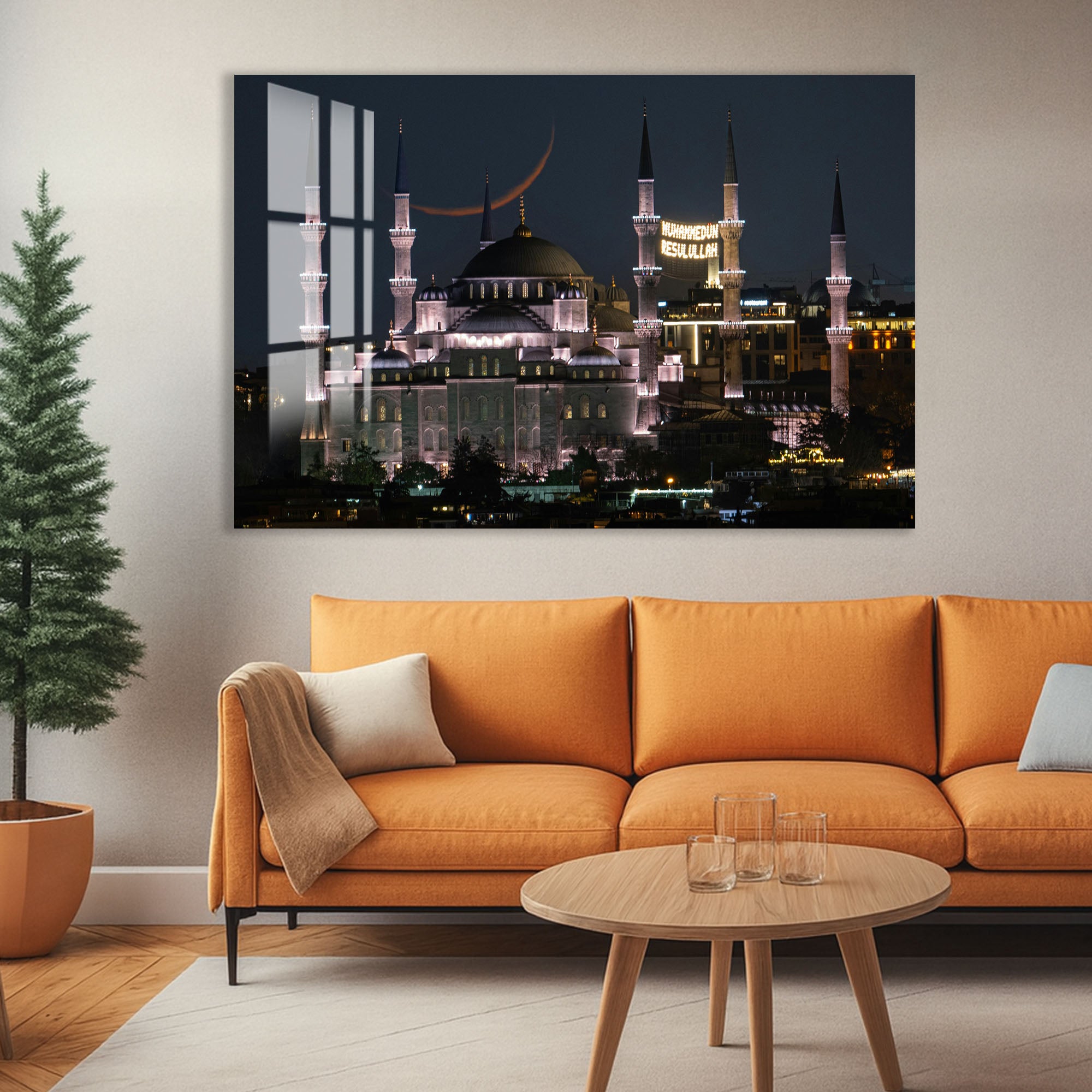 Istanbul Mosque Night View Glass Wall Art – Elegant Cityscape Poster for Modern Interiors