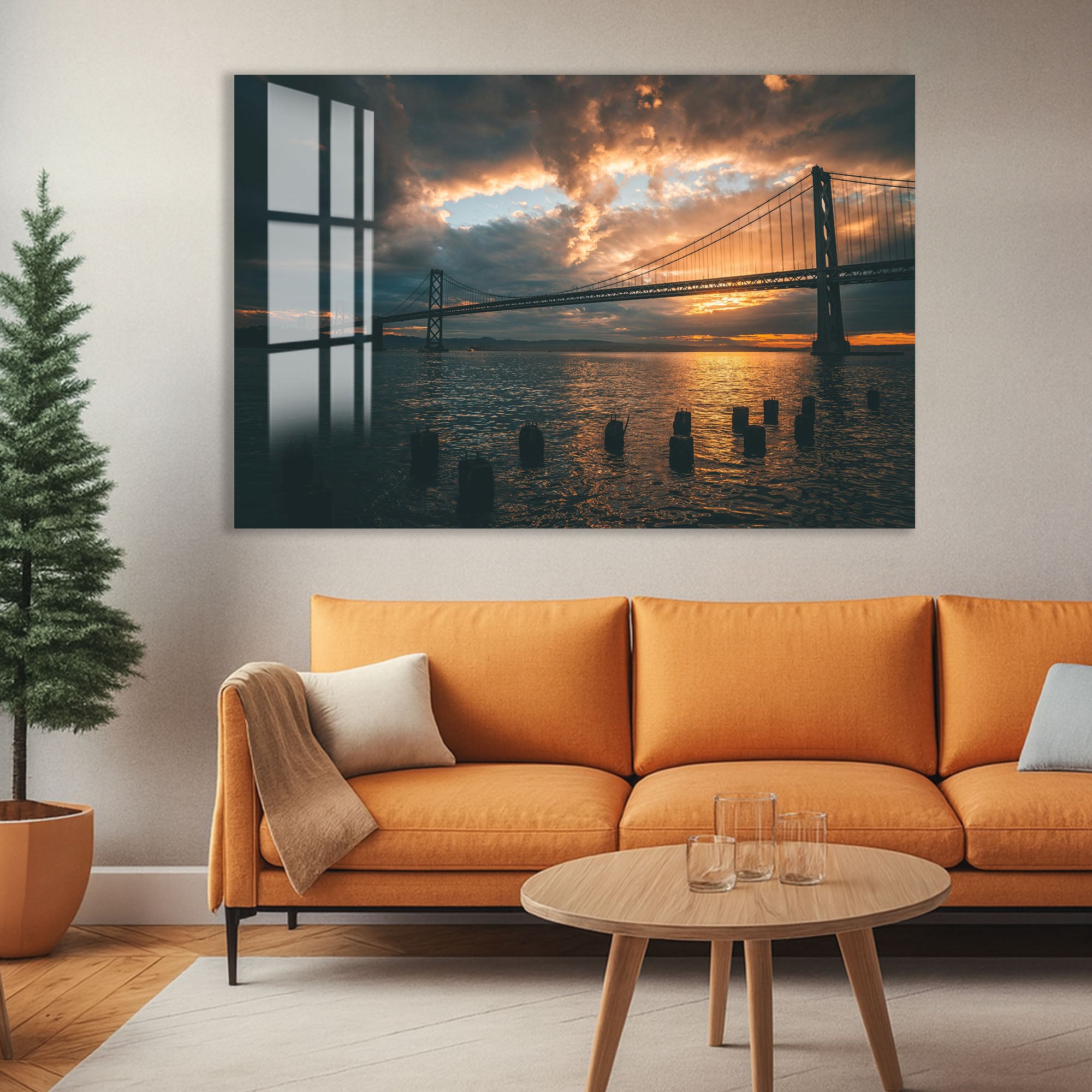 Golden Gate Bridge Sunset Glass Wall Art – Stunning San Francisco Cityscape Poster