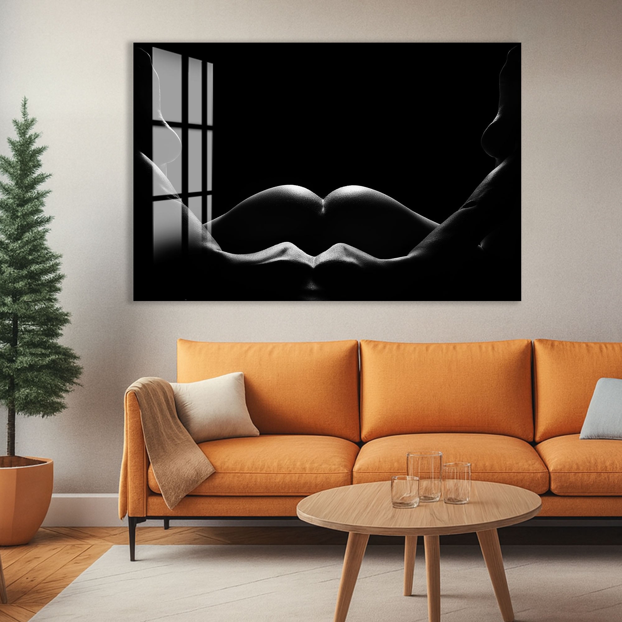 Erotic Nude Glass Wall Art – Sensual Black and White Intimate Body Decor