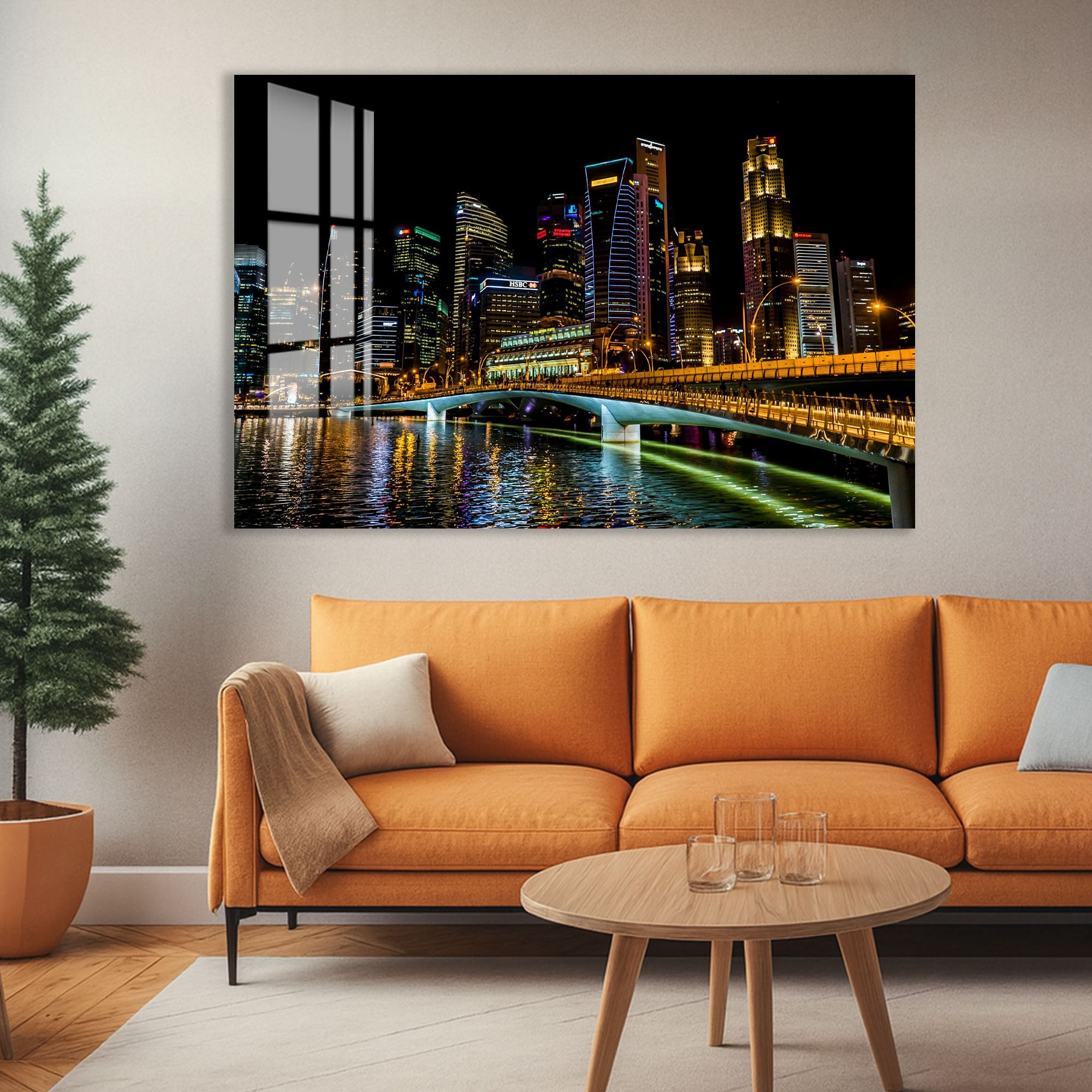 Singapore Skyline Glass Wall Art – Modern Cityscape Poster with Night Lights