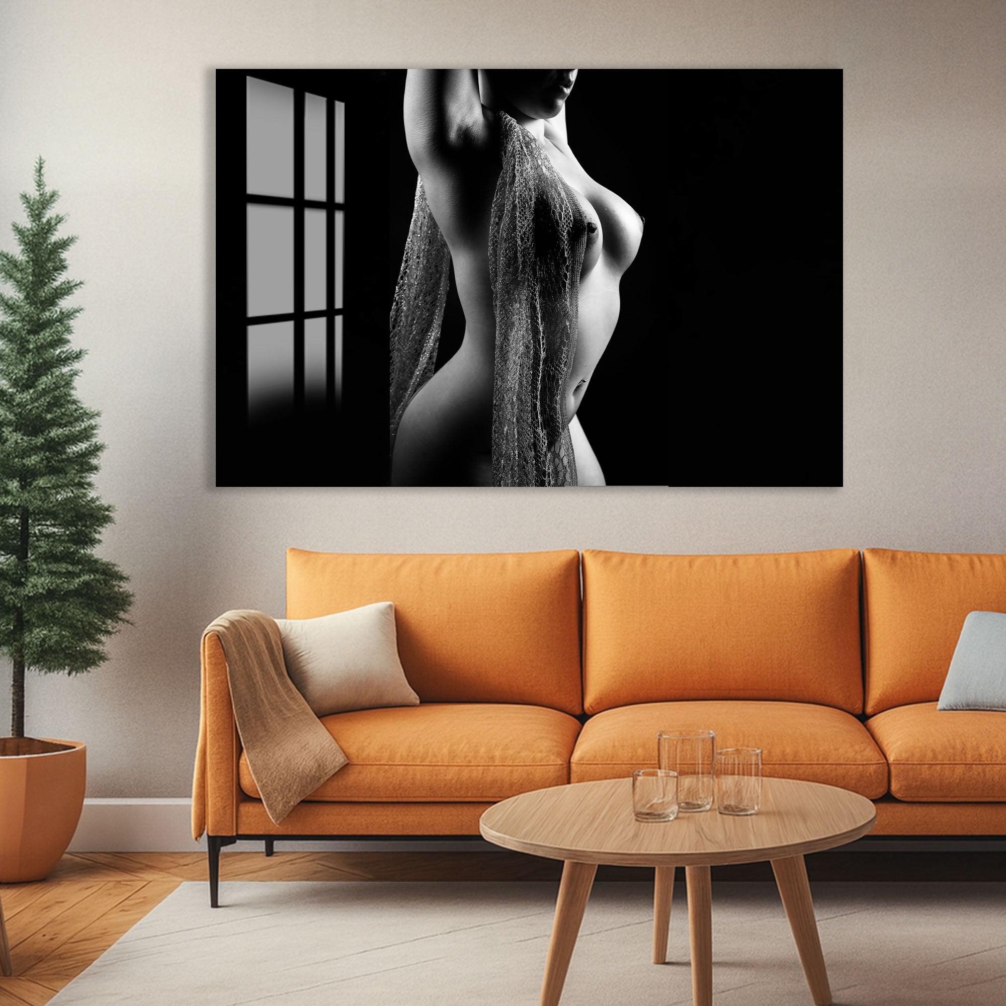 Erotic Nude Glass Wall Art – Sensual Black and White Female Body Decor