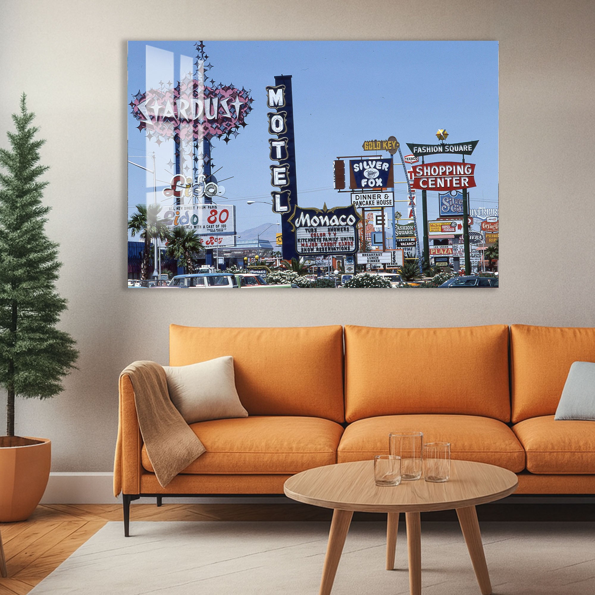 Las Vegas Vintage Signs Glass Wall Art – Retro Cityscape Poster for Modern Interiors