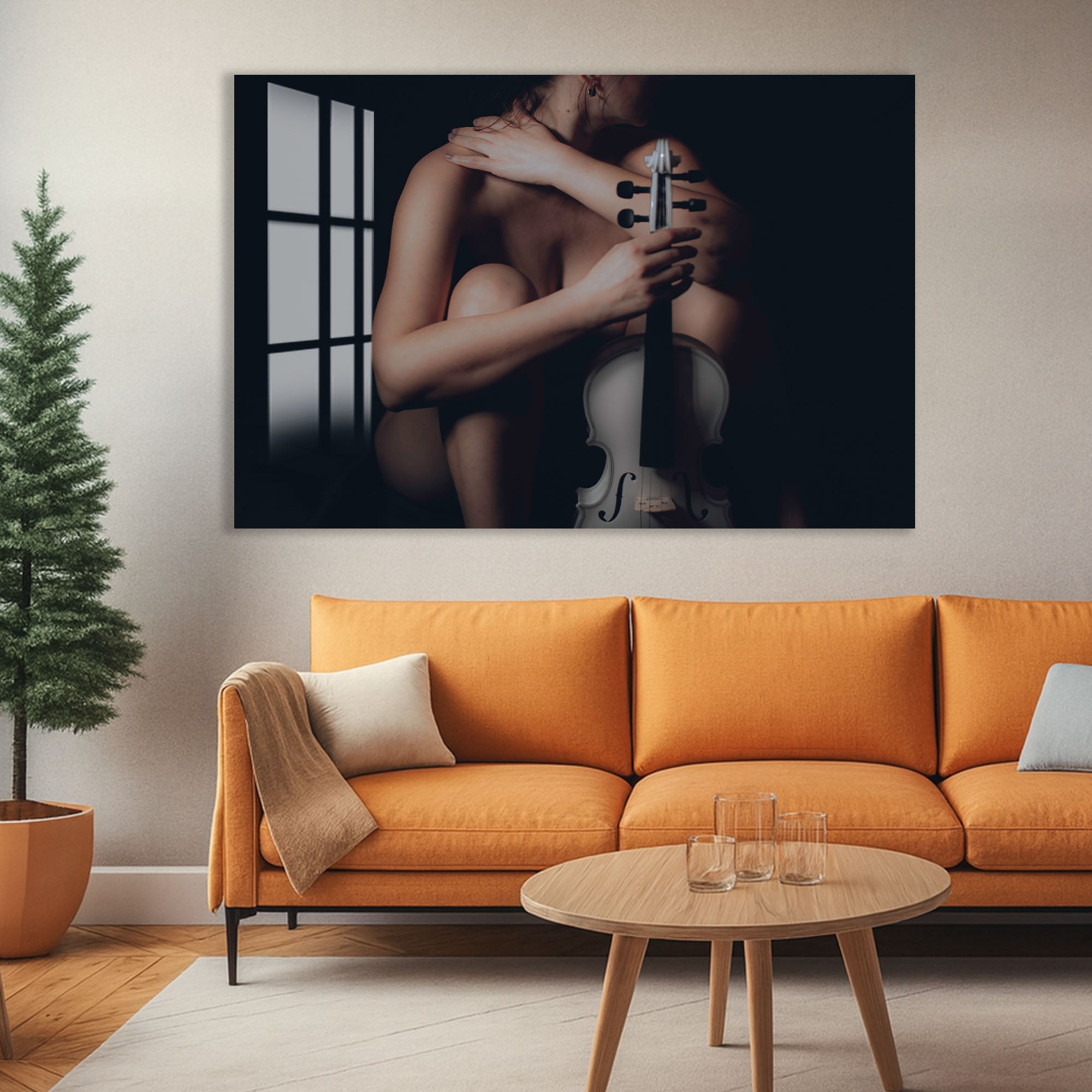 Erotic Nude Glass Wall Art – Sensual Woman with Violin Artistic Decor