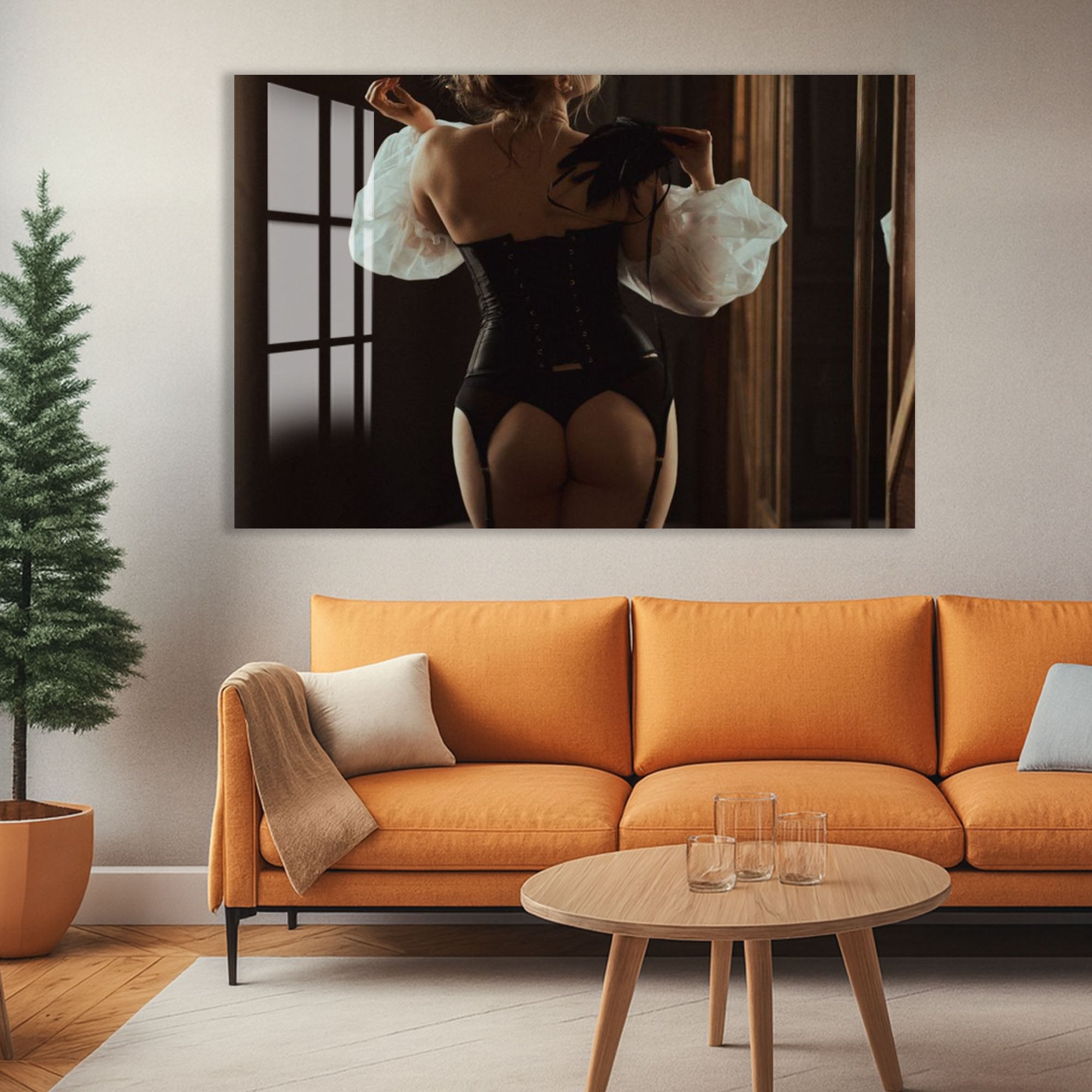 Erotic Lingerie Woman Glass Wall Art – Sensual Boudoir Style for Bedroom & Modern Home Decor
