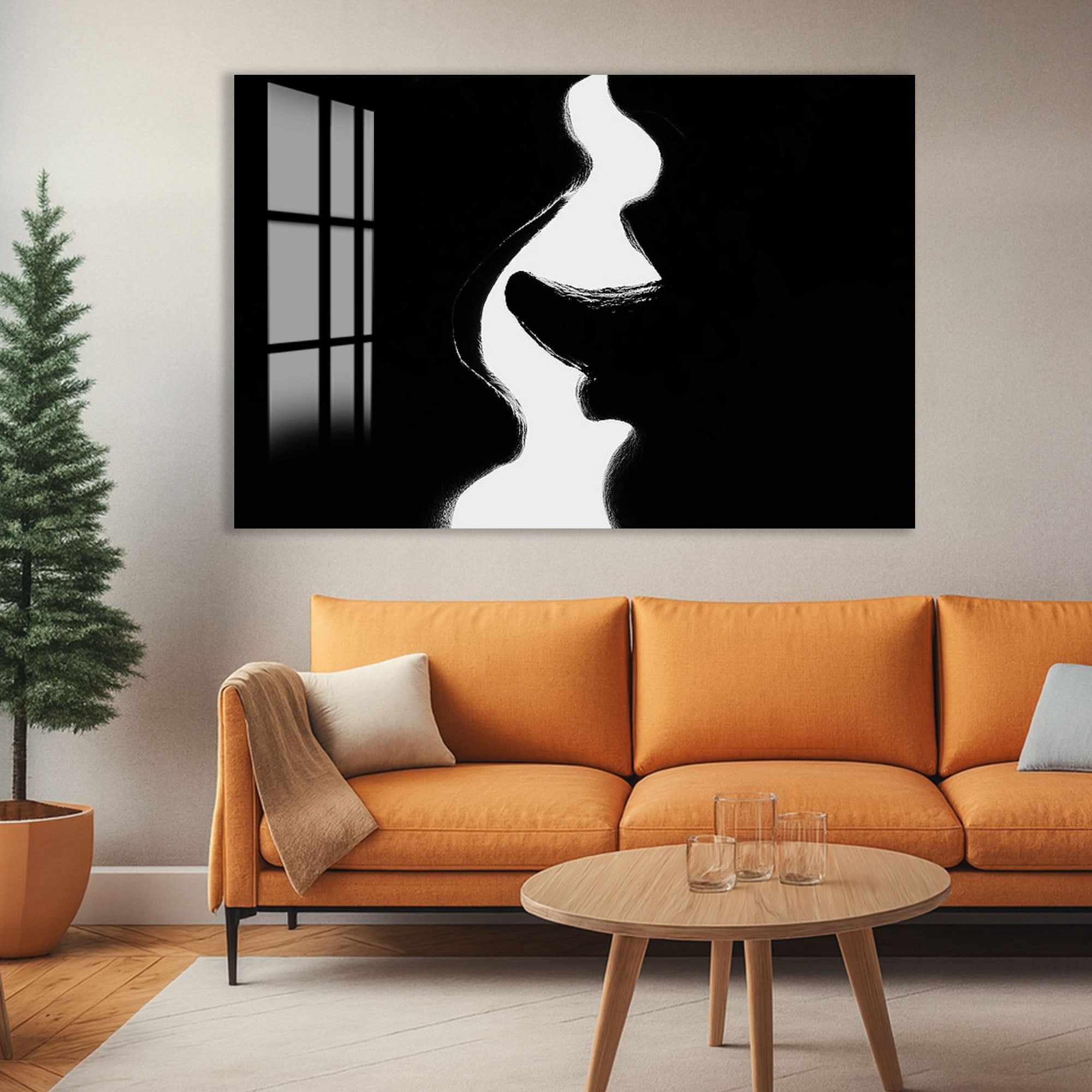 Erotic Abstract Glass Wall Art – Sensual Black and White Silhouette for Modern Interiors