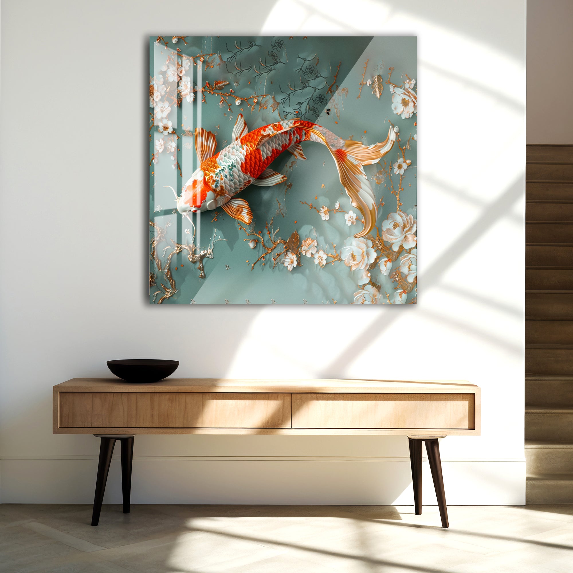 Koi Fish Glass Wall Art – Elegant Japanese Style Artwork for Modern Interiors