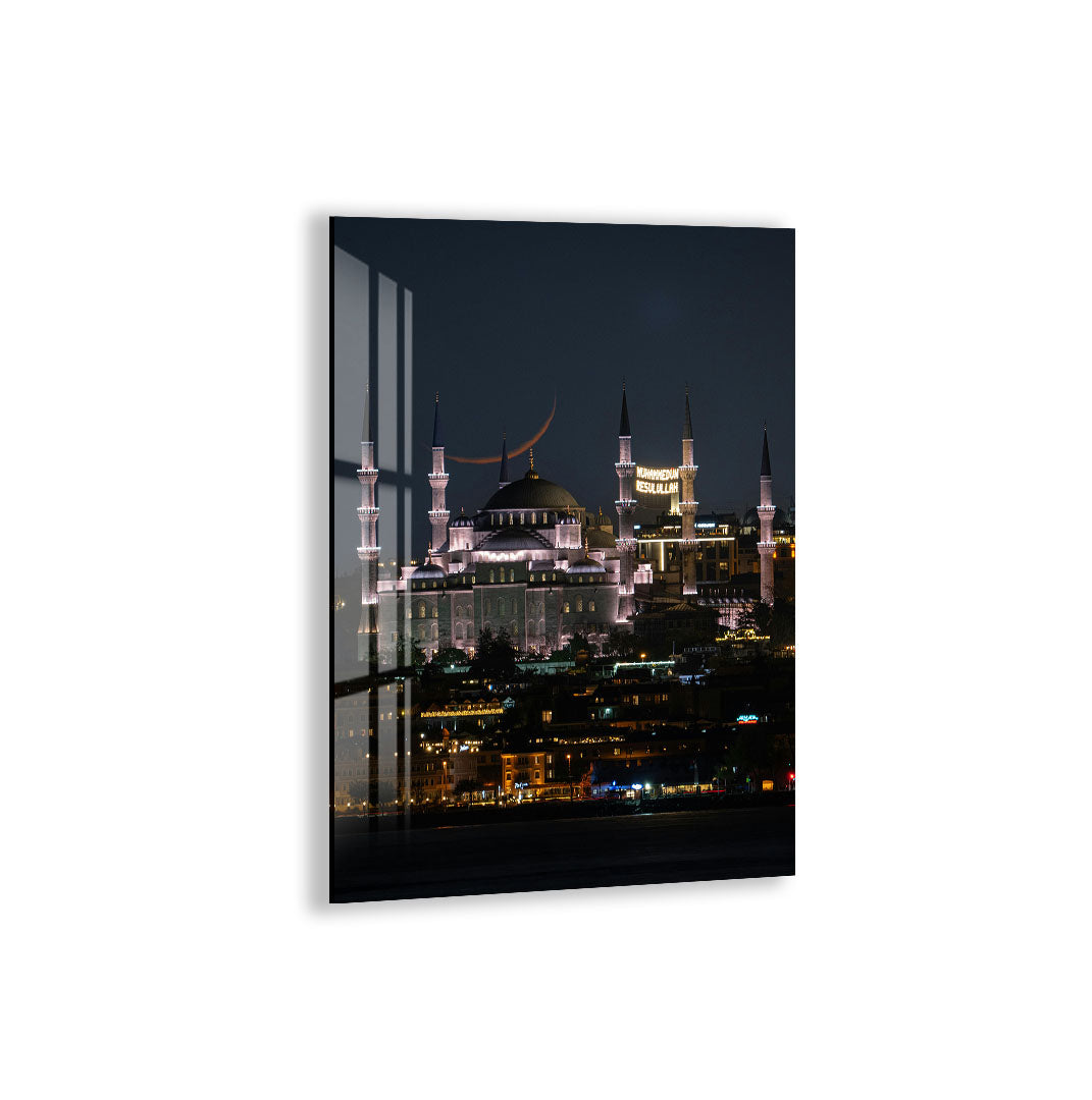 Istanbul Mosque Night View Glass Wall Art – Elegant Cityscape Poster for Modern Interiors