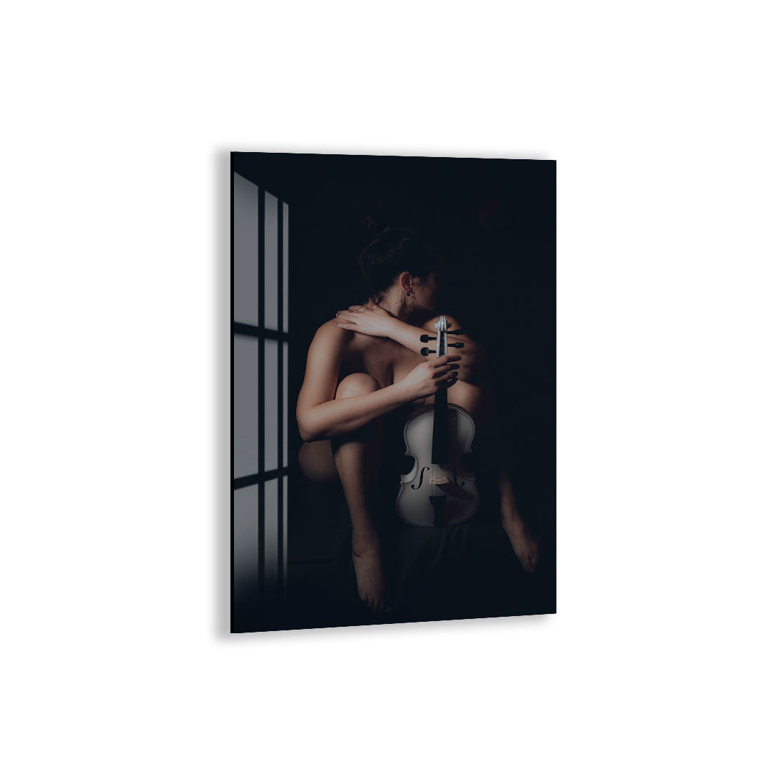 Erotic Nude Glass Wall Art – Sensual Woman with Violin Artistic Decor