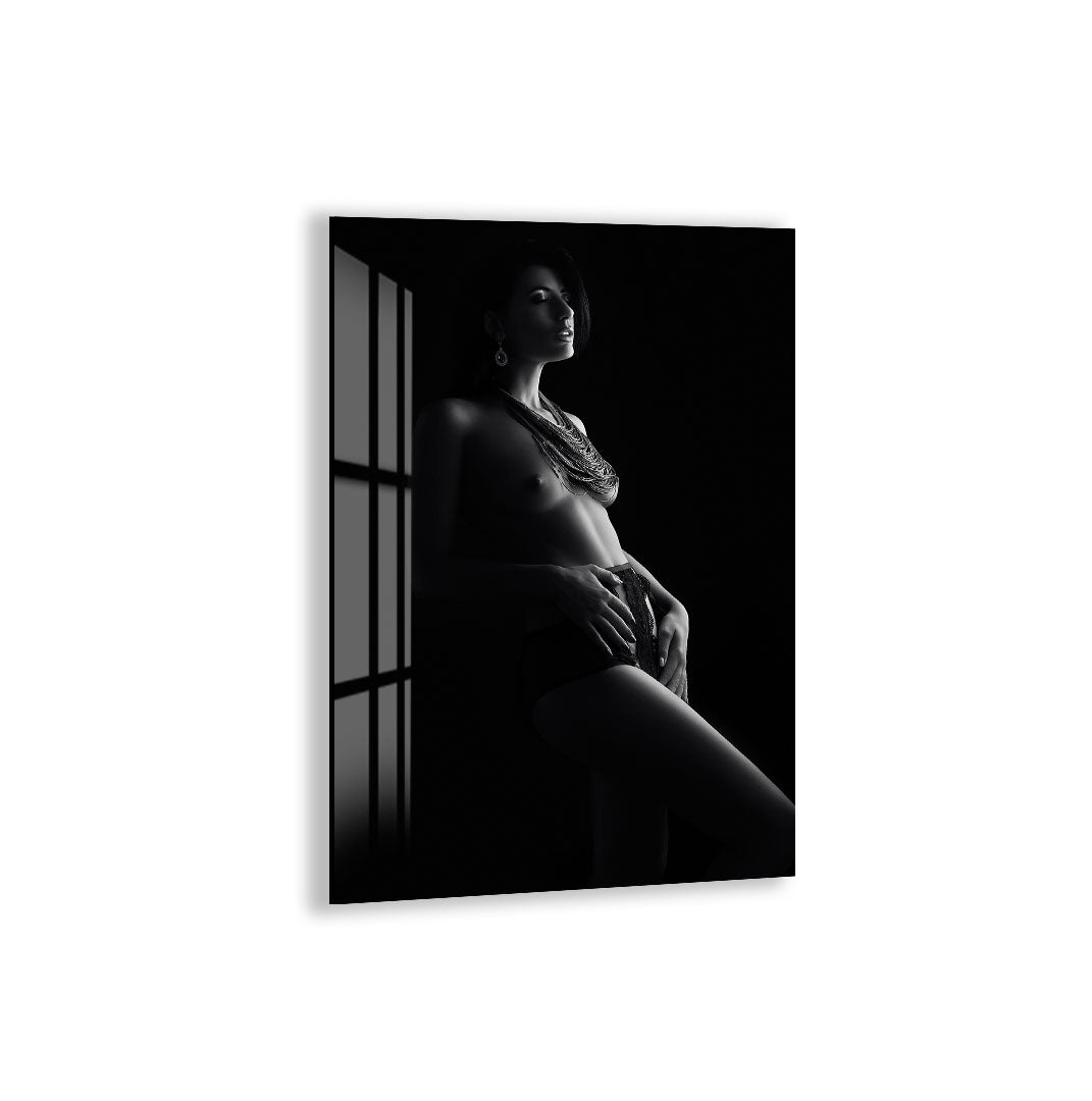Erotic Female Nude Glass Wall Art – Sensual Black and White Elegance