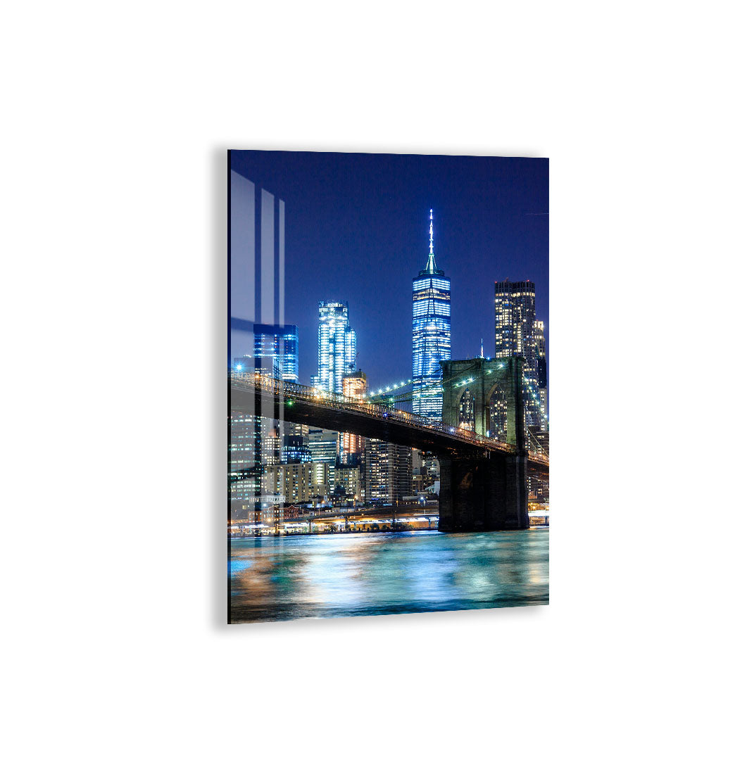 Brooklyn Bridge Night Glass Wall Art – Illuminated New York City Skyline Poster