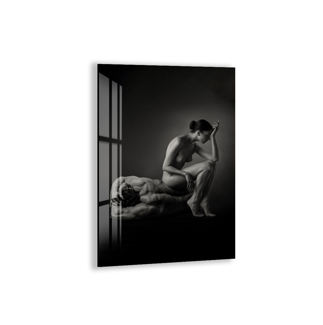 Erotic Couple Glass Wall Art – Sensual Black and White Nude Decor for Modern Interiors