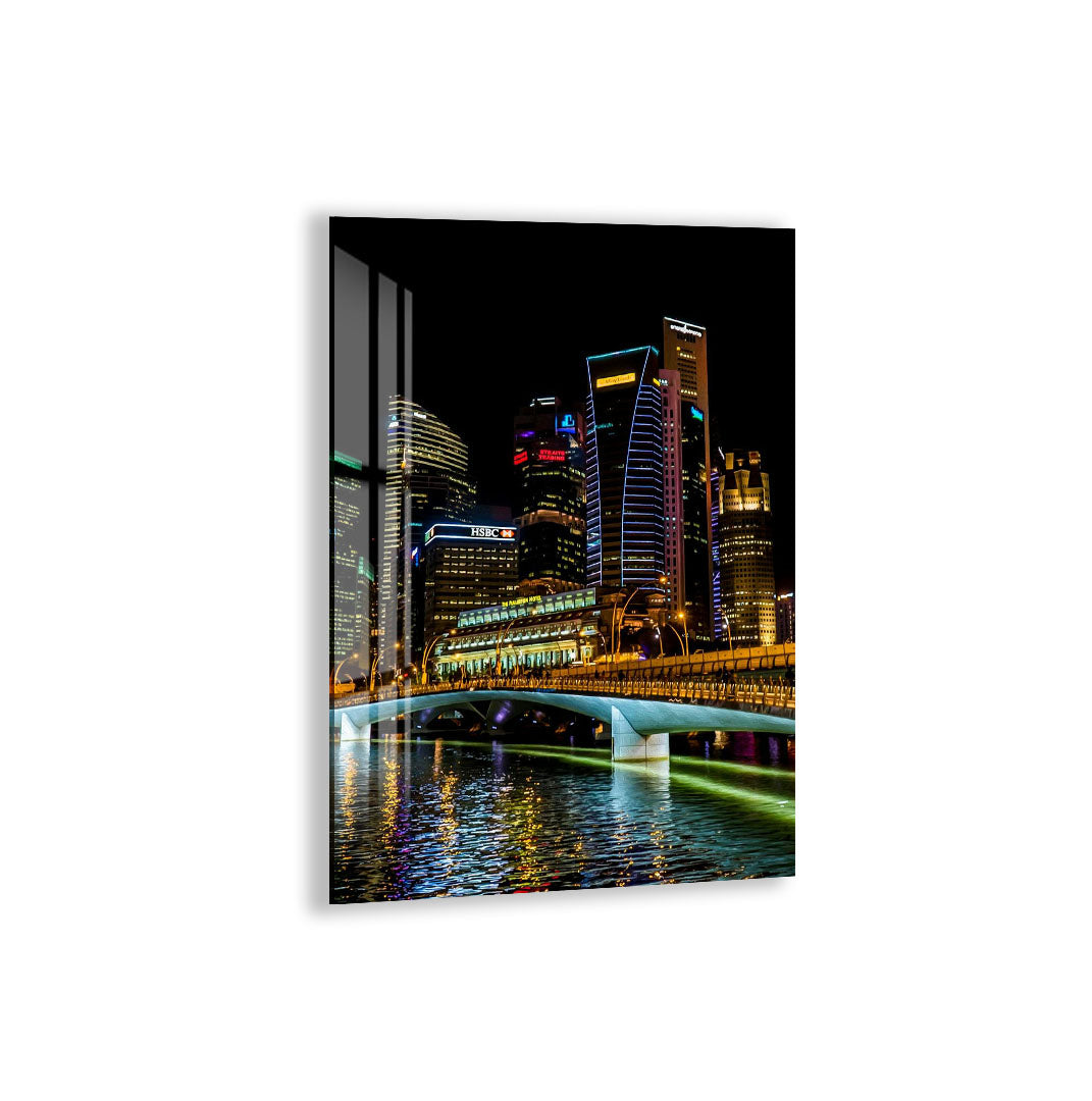 Singapore Skyline Glass Wall Art – Modern Cityscape Poster with Night Lights