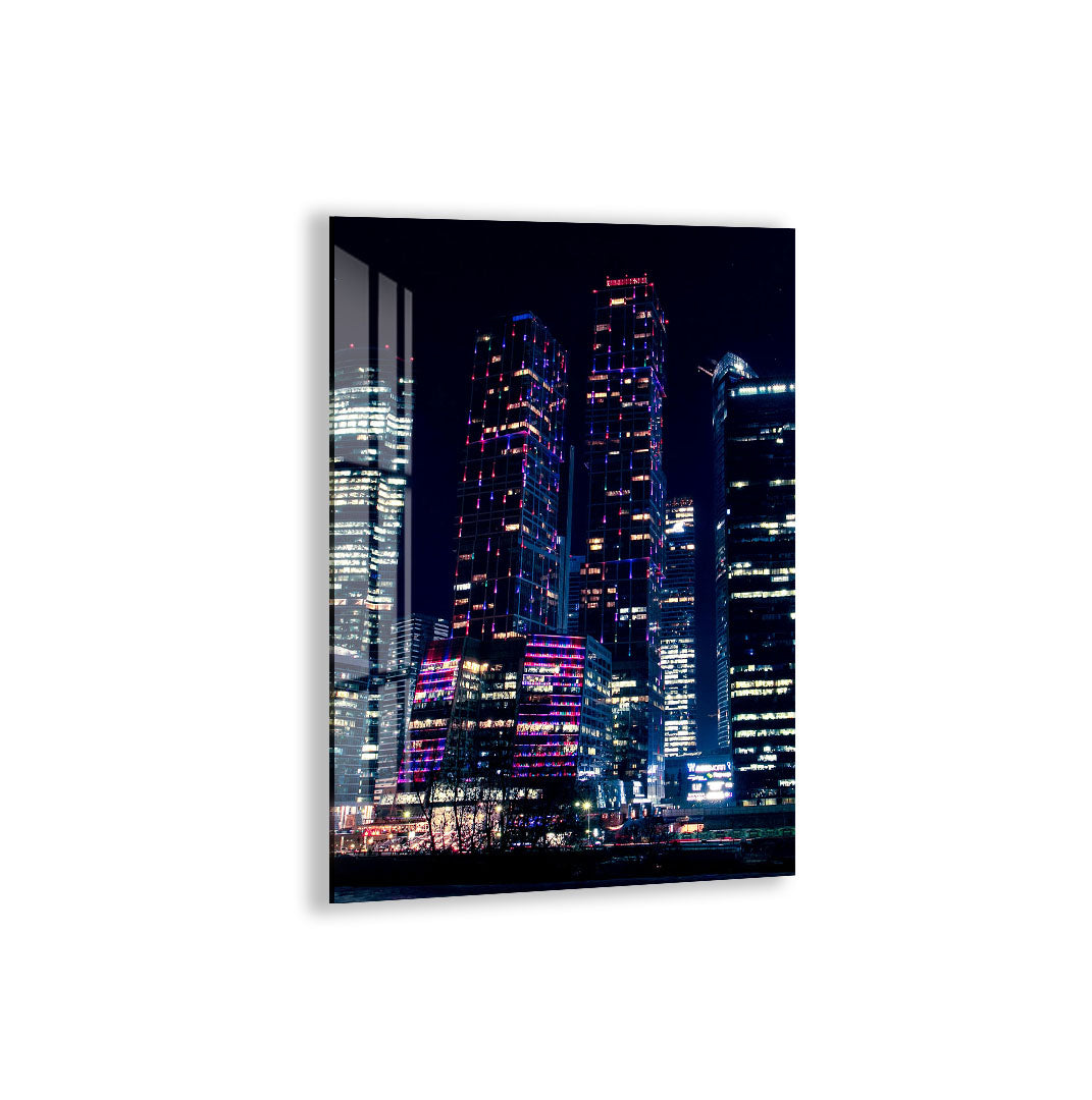 Moscow City Skyline Glass Wall Art – Futuristic Night Skyscraper Poster
