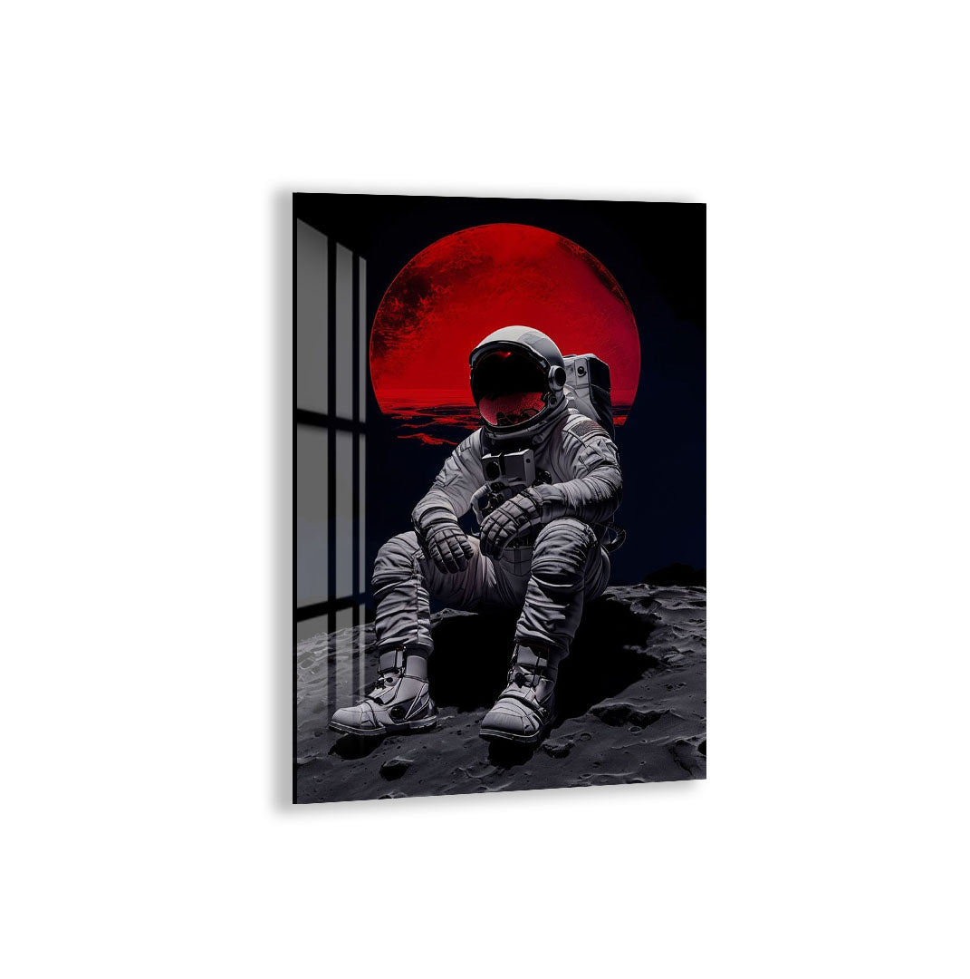 Red Moon Astronaut Glass Wall Art – Futuristic Space Decor for Modern Interiors