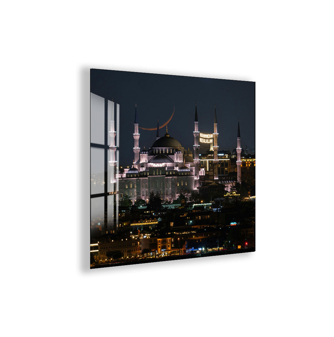 Istanbul Mosque Night View Glass Wall Art – Elegant Cityscape Poster for Modern Interiors