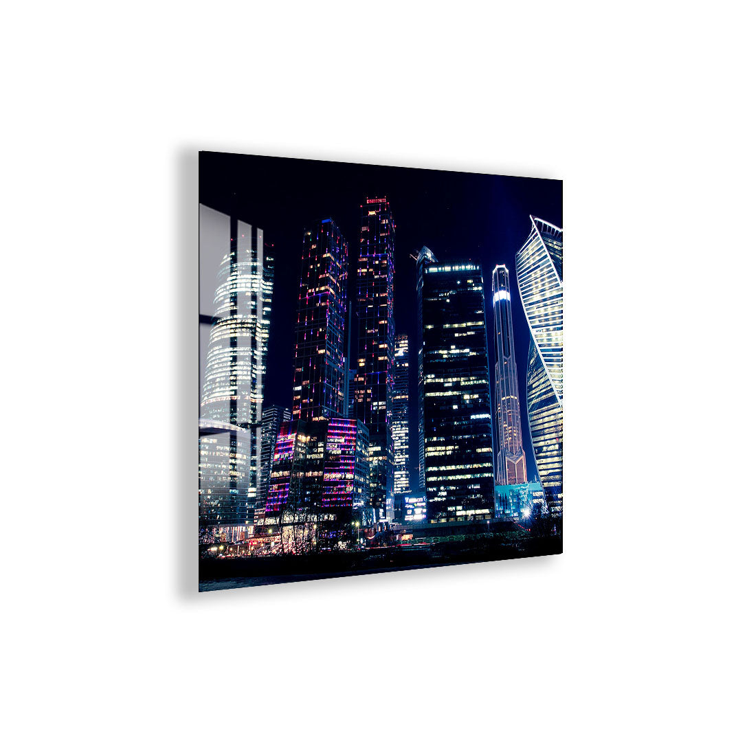 Moscow City Skyline Glass Wall Art – Futuristic Night Skyscraper Poster