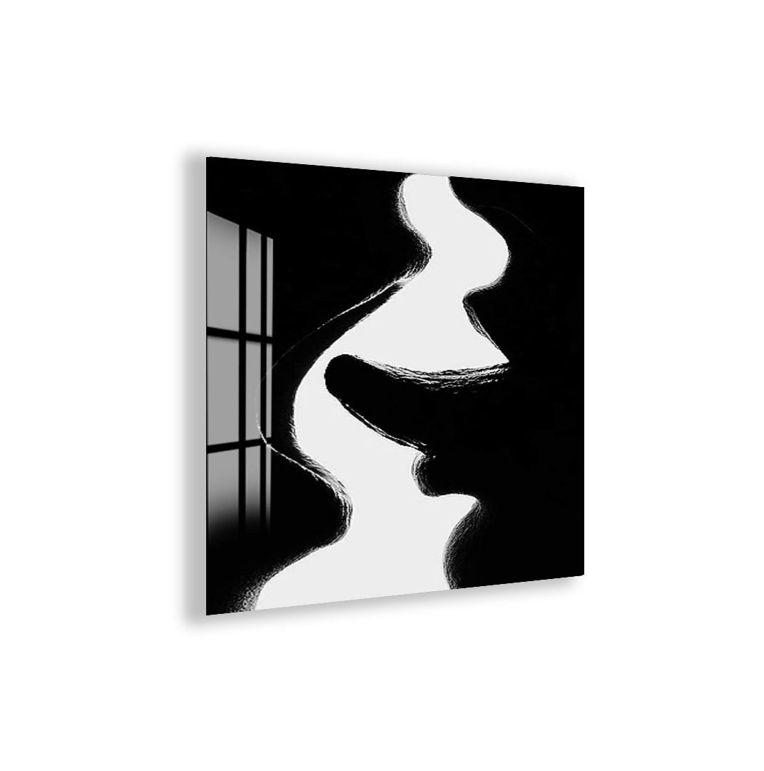 Erotic Abstract Glass Wall Art – Sensual Black and White Silhouette for Modern Interiors