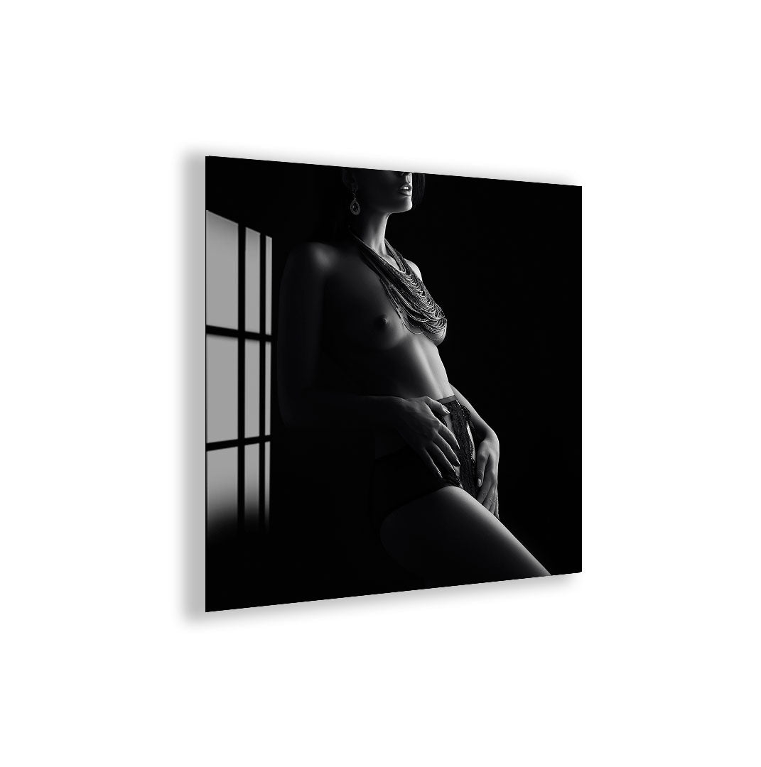 Erotic Female Nude Glass Wall Art – Sensual Black and White Elegance
