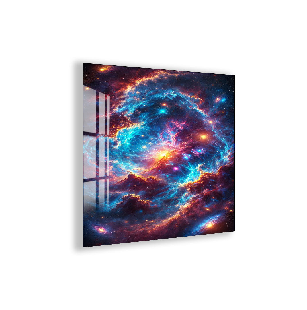 Colorful Cosmic Nebula Glass Wall Art – Vibrant Space Decor for Modern Interiors